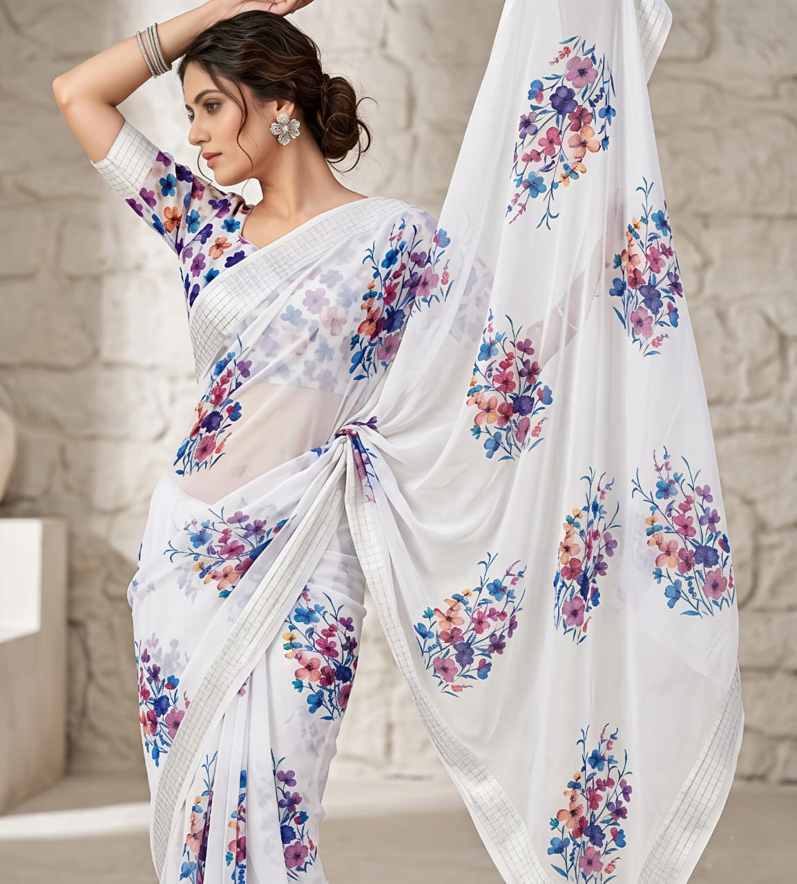 White House Premium Georgette Chiffon Floral Digital Print Saree with Weaving Border & Printed Blouse