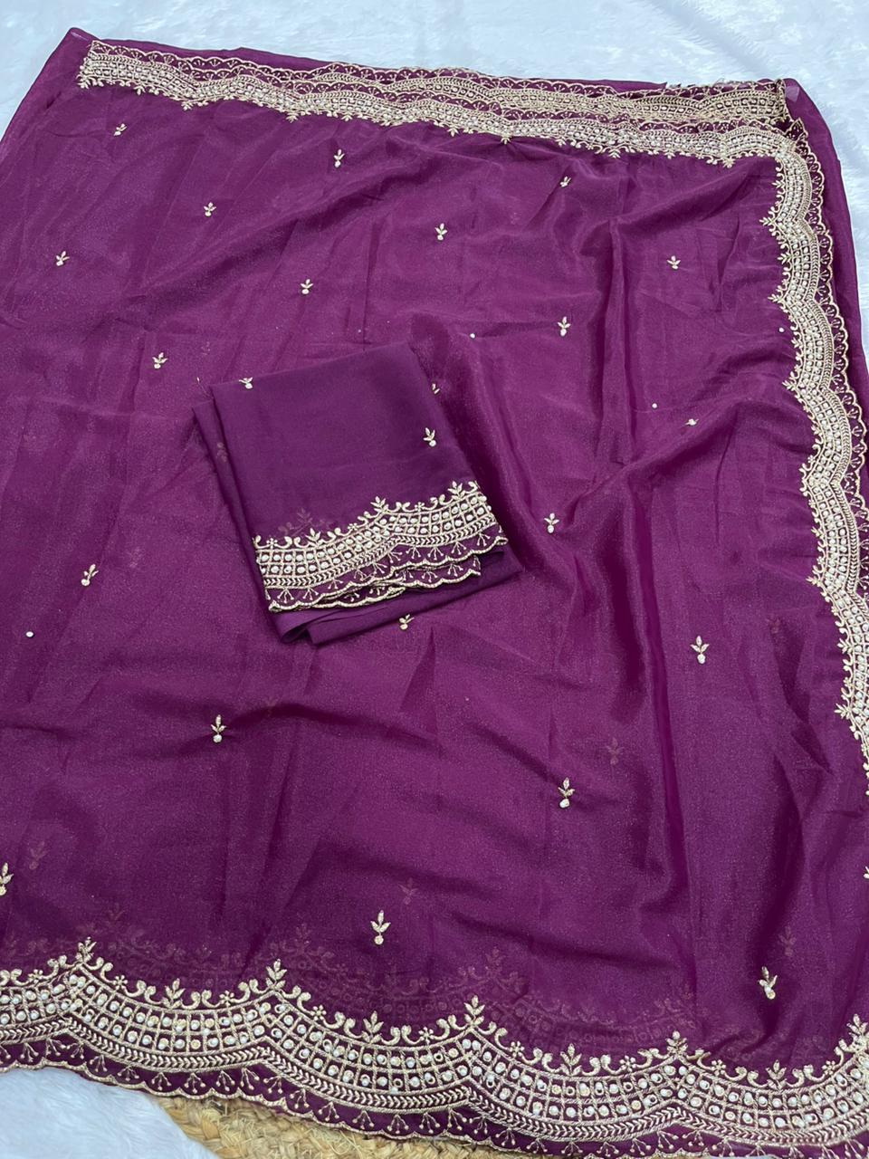 Premium Star Georgette Embroidery Zari & Moti Work Saree for Women | Party Wear Designer Saree with Matching Blouse