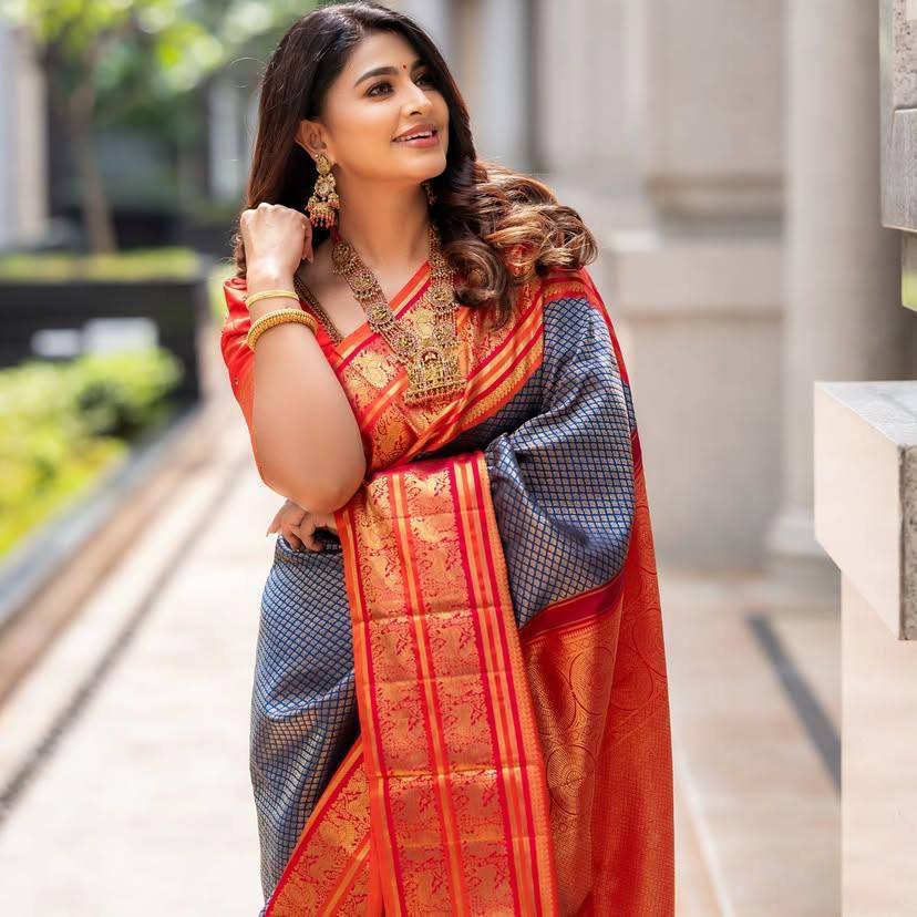 Black Checkered Silk Saree with Red Border and Golden Zari Work