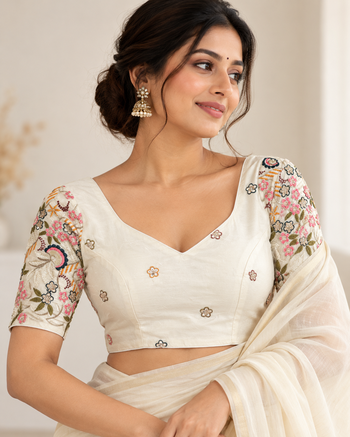 Pure Khadi Cotton Embroidered Partywear Blouse – Heavy Padded | Back Open | 38–42