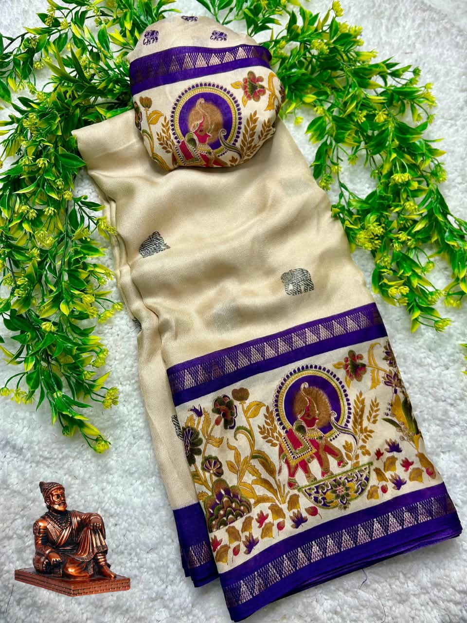 Premium Marsh Mellow Saree with Gajraj Print & Double Temple Pattu Border
