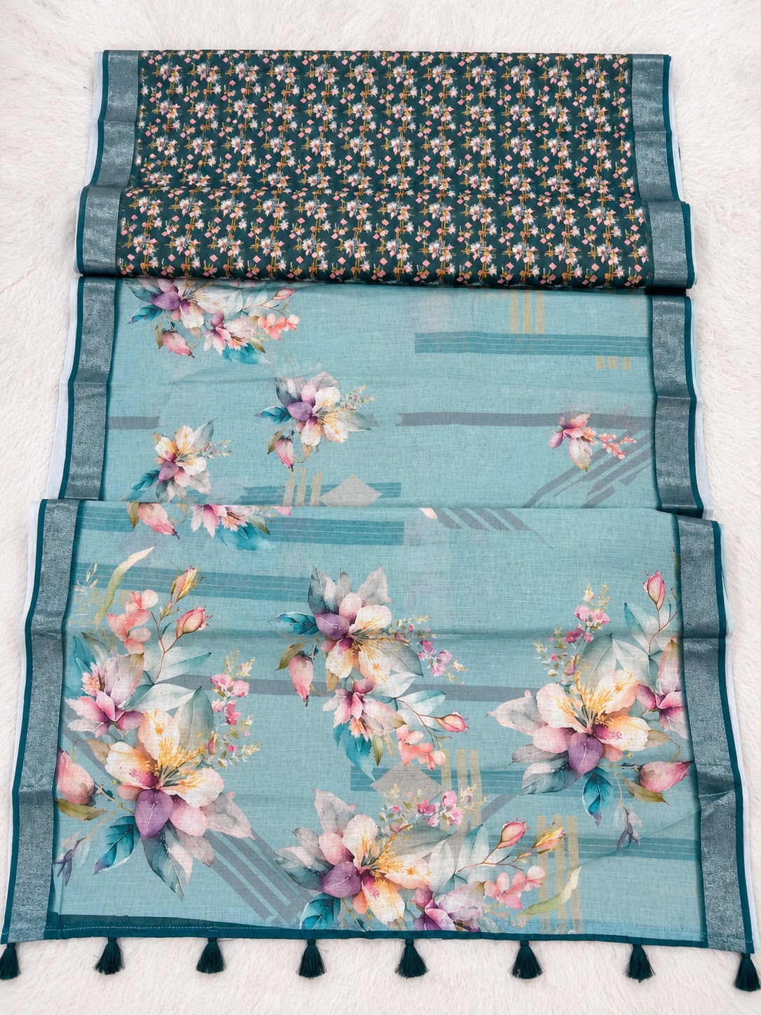Women's Linen Silver Patta Printed Saree with Tassels