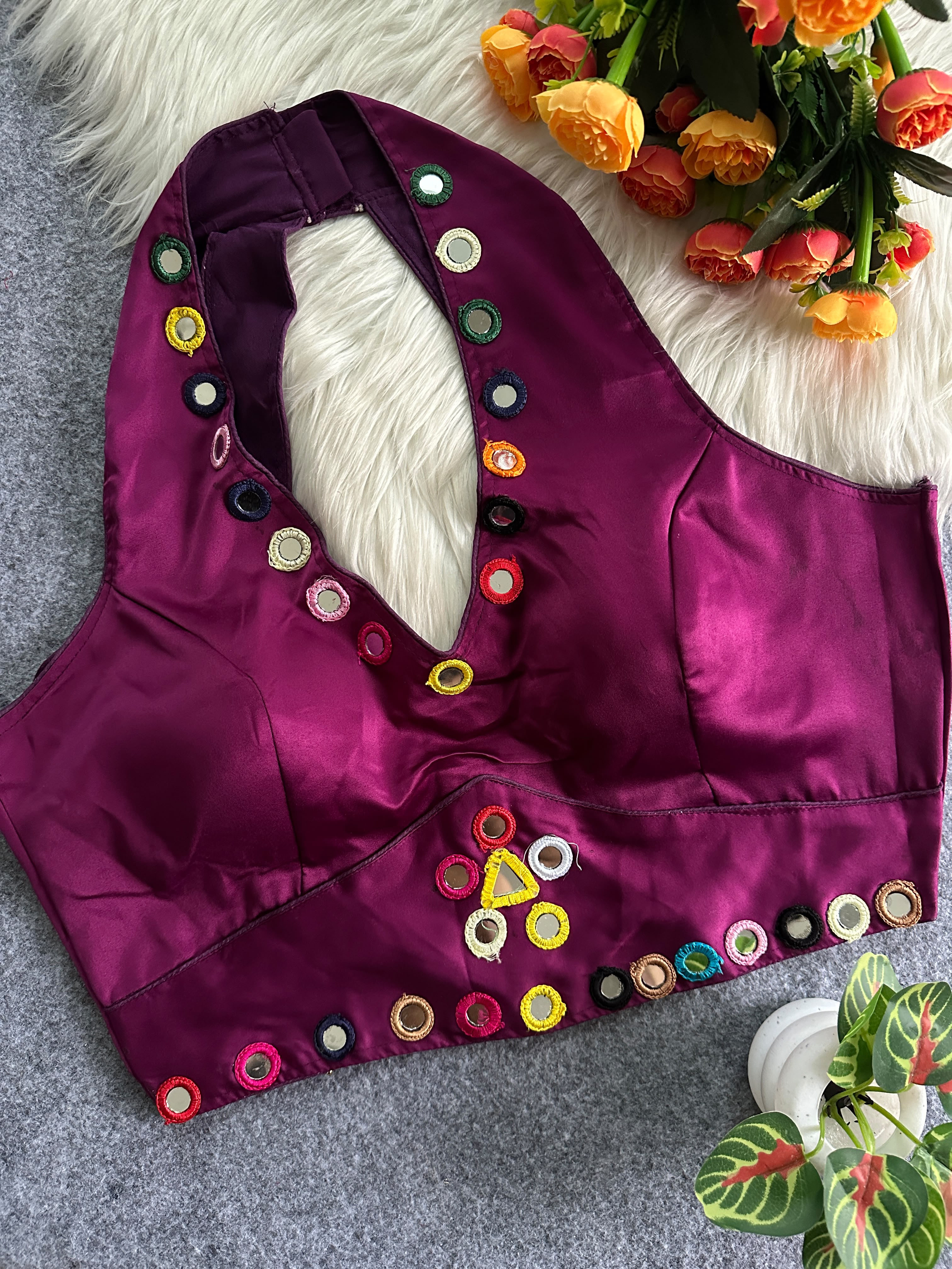 Navratri Satin Silk Multicolour Mirror Work Designer Blouse – Free Size 38–42