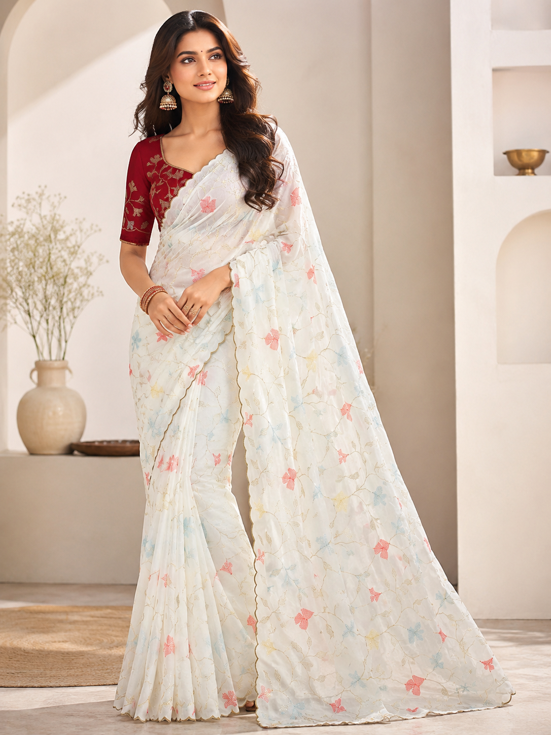 Women's Premium Vichitra Silk Embroidered Saree with Contrast Cotton Silk Blouse | Festive & Wedding Wear