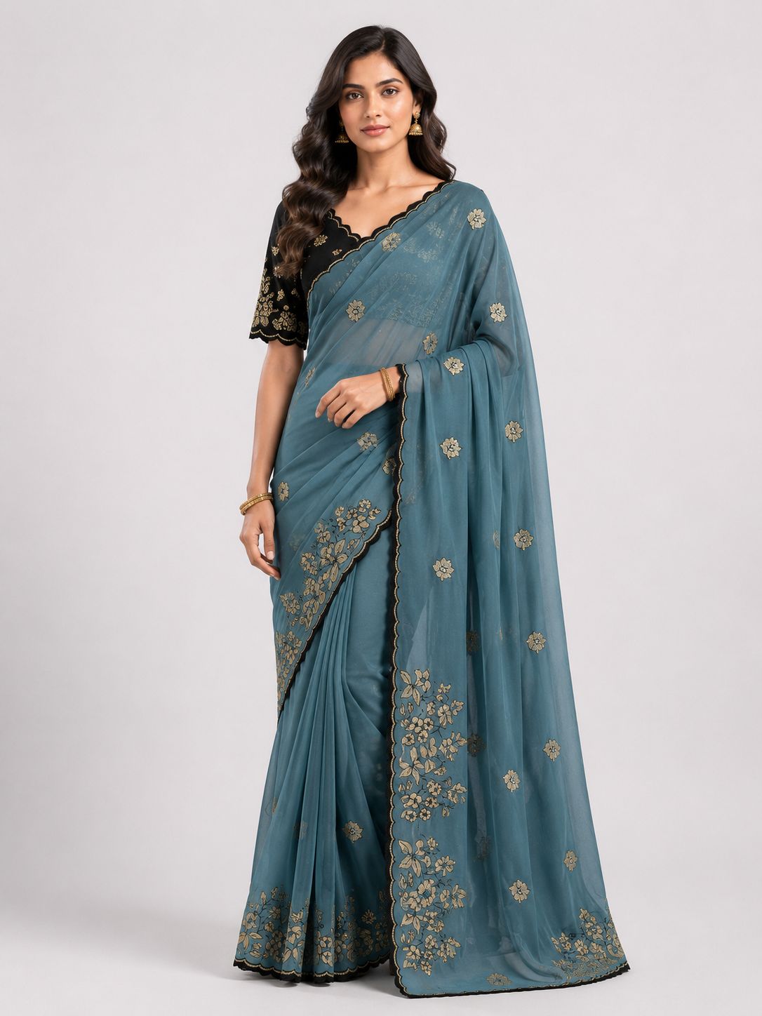 Women's Premium Star Galaxy Embroidered Saree with Designer Black Blouse
