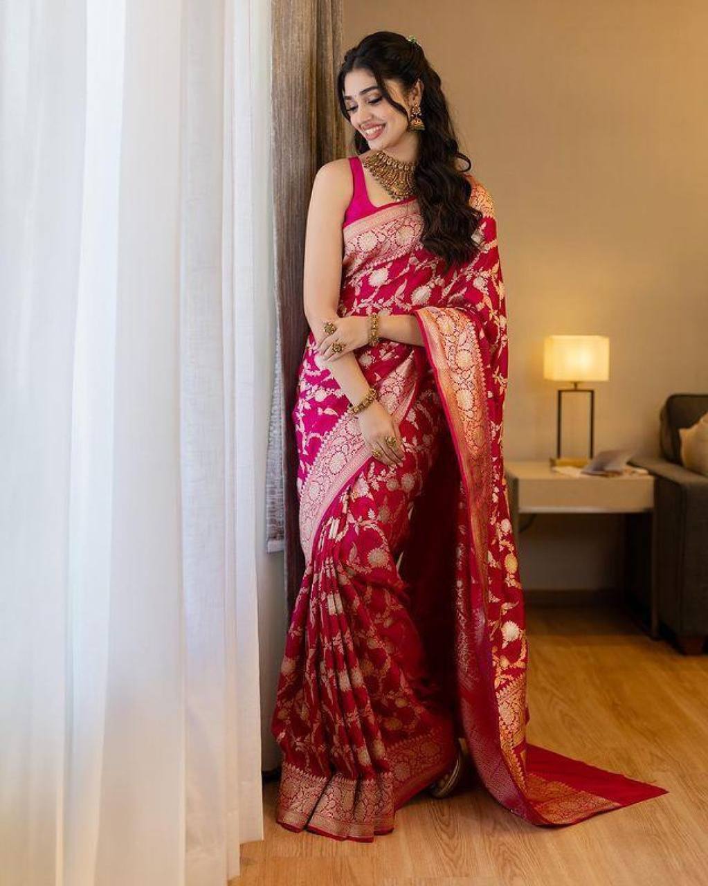 Traditional Red Banarasi Silk Saree with Gold Zari Work