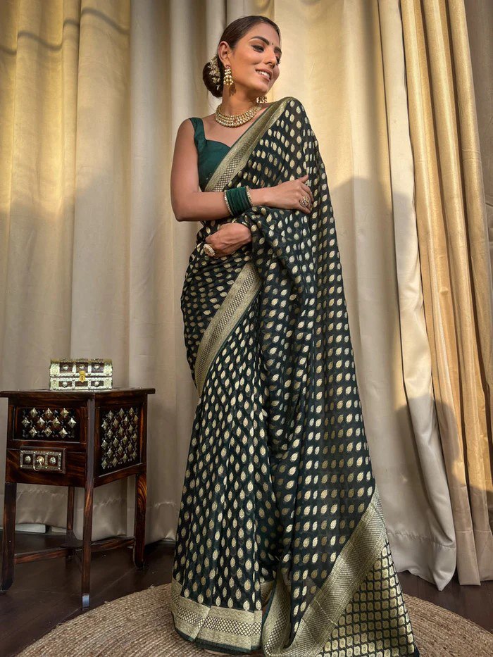 Dark Green Banarasi Silk Saree with Golden Zari Weaving