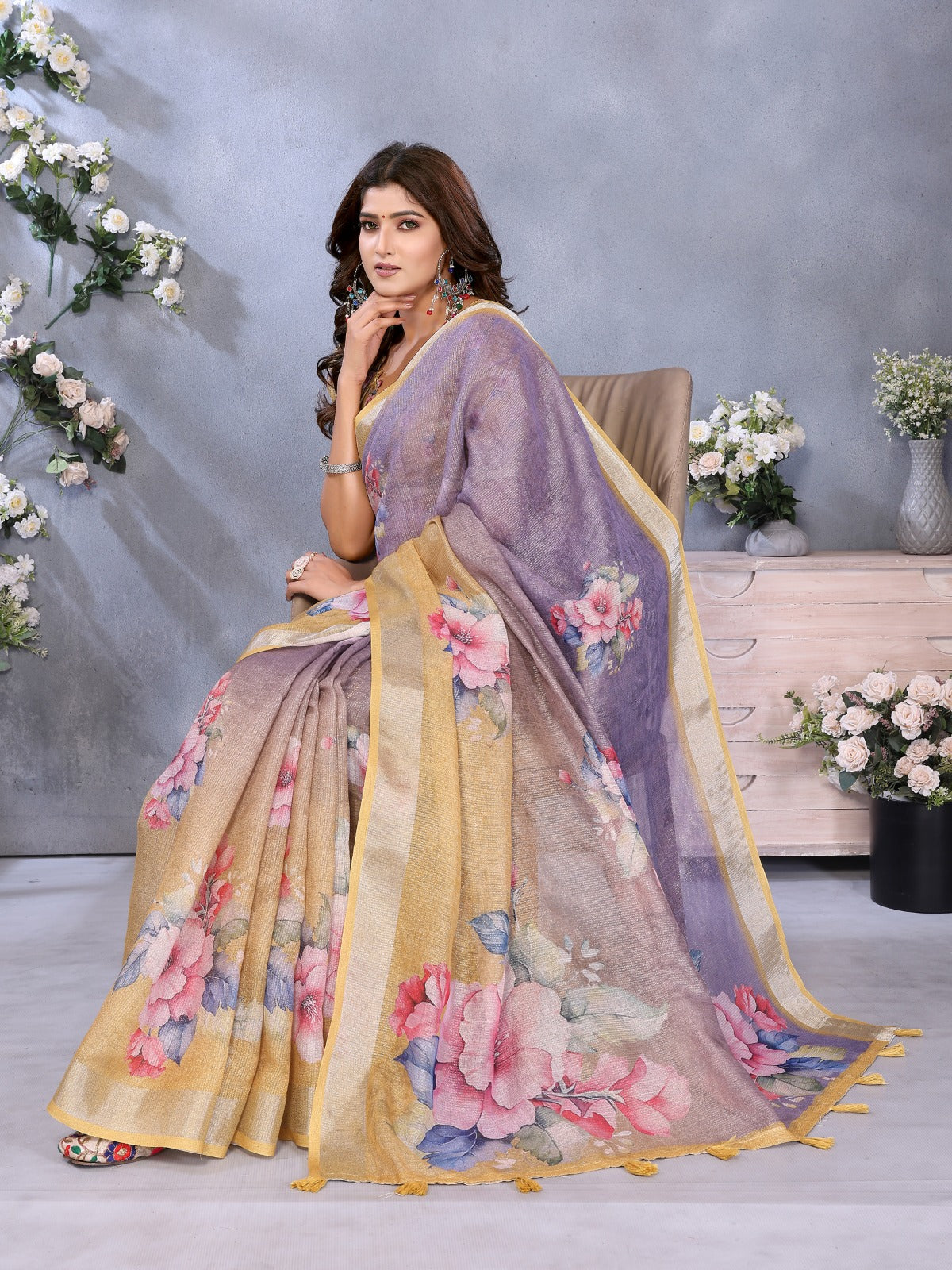 Elegant Linen Shimmer Floral Printed Saree with Blouse Piece