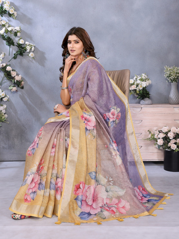 Elegant Linen Shimmer Floral Printed Saree with Blouse Piece