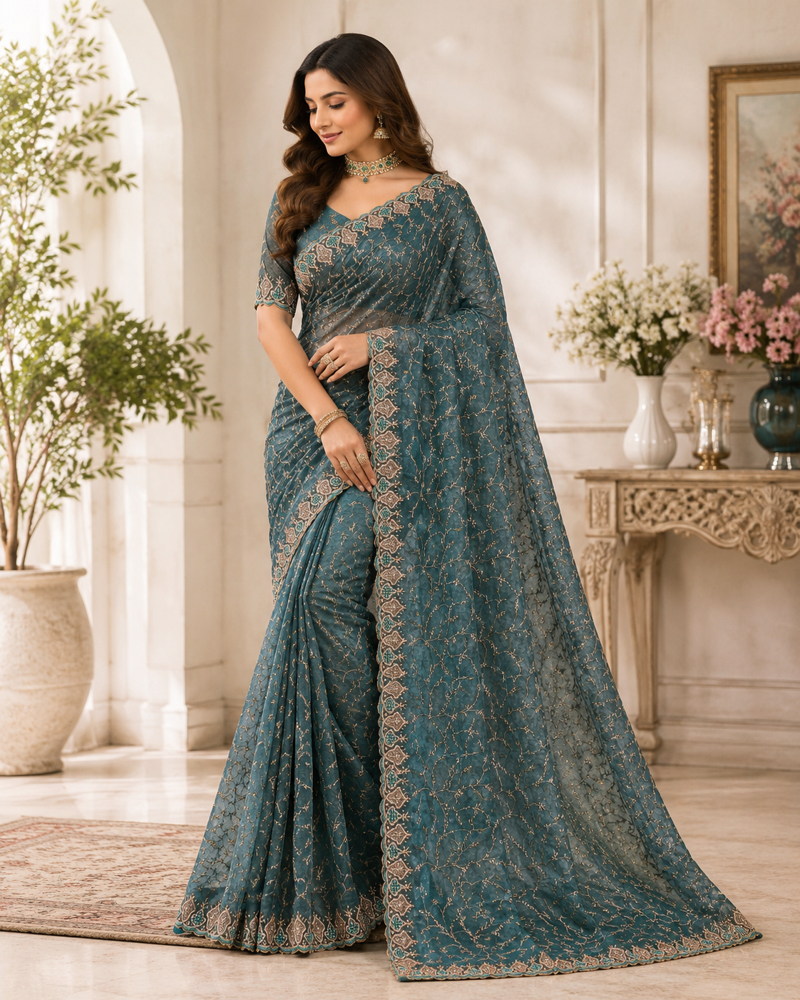 Premium Twill Net Embroidered Saree with Designer Blouse | Wedding & Party Wear Collection