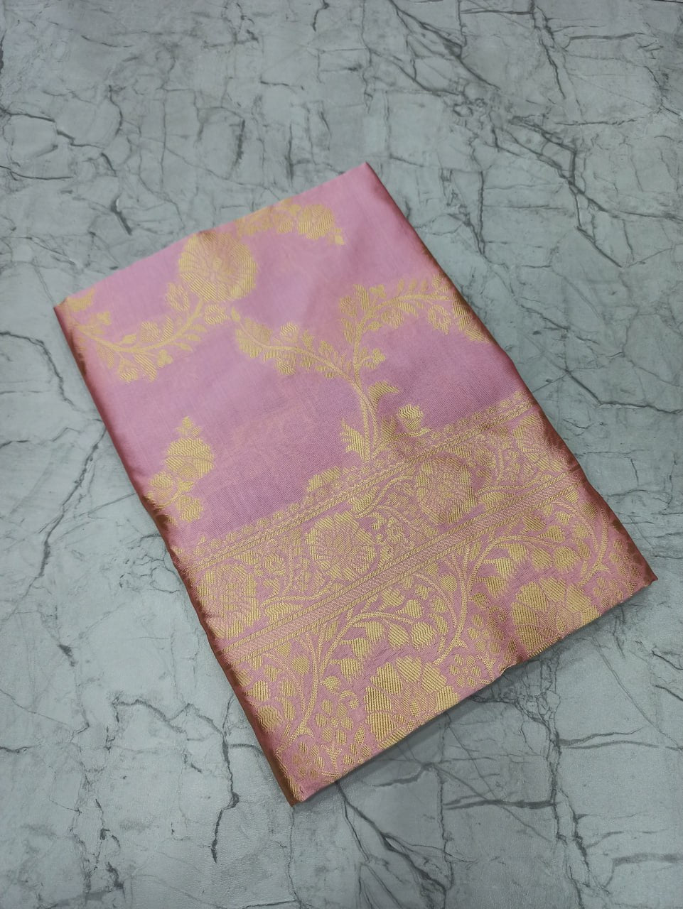 Pink Banarasi Silk Saree with Gold Zari Work and Maroon Blouse