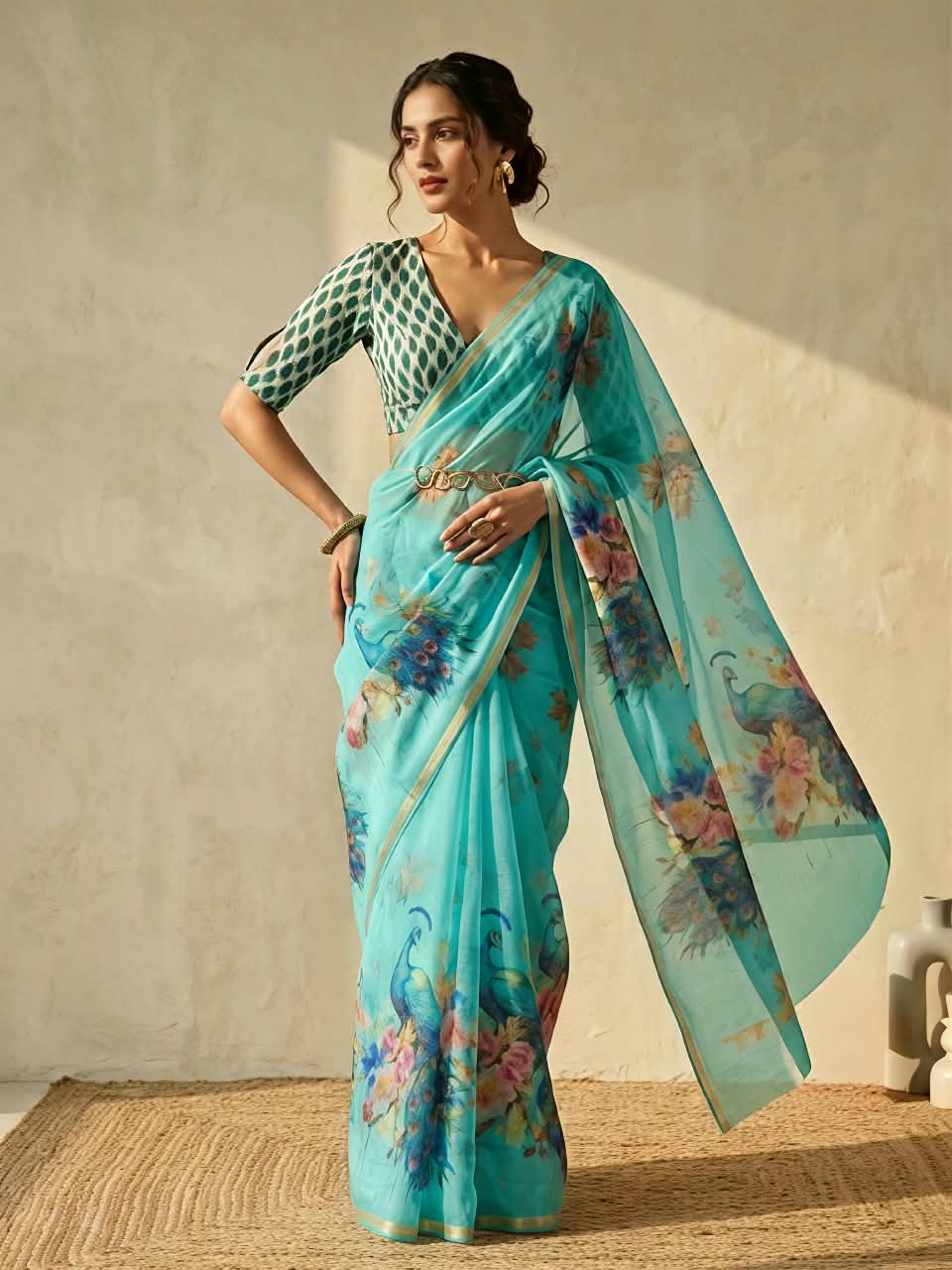 Premium Slub Cotton Saree with Peacock Digital Print, Golden Zari Border & Matching Blouse Piece