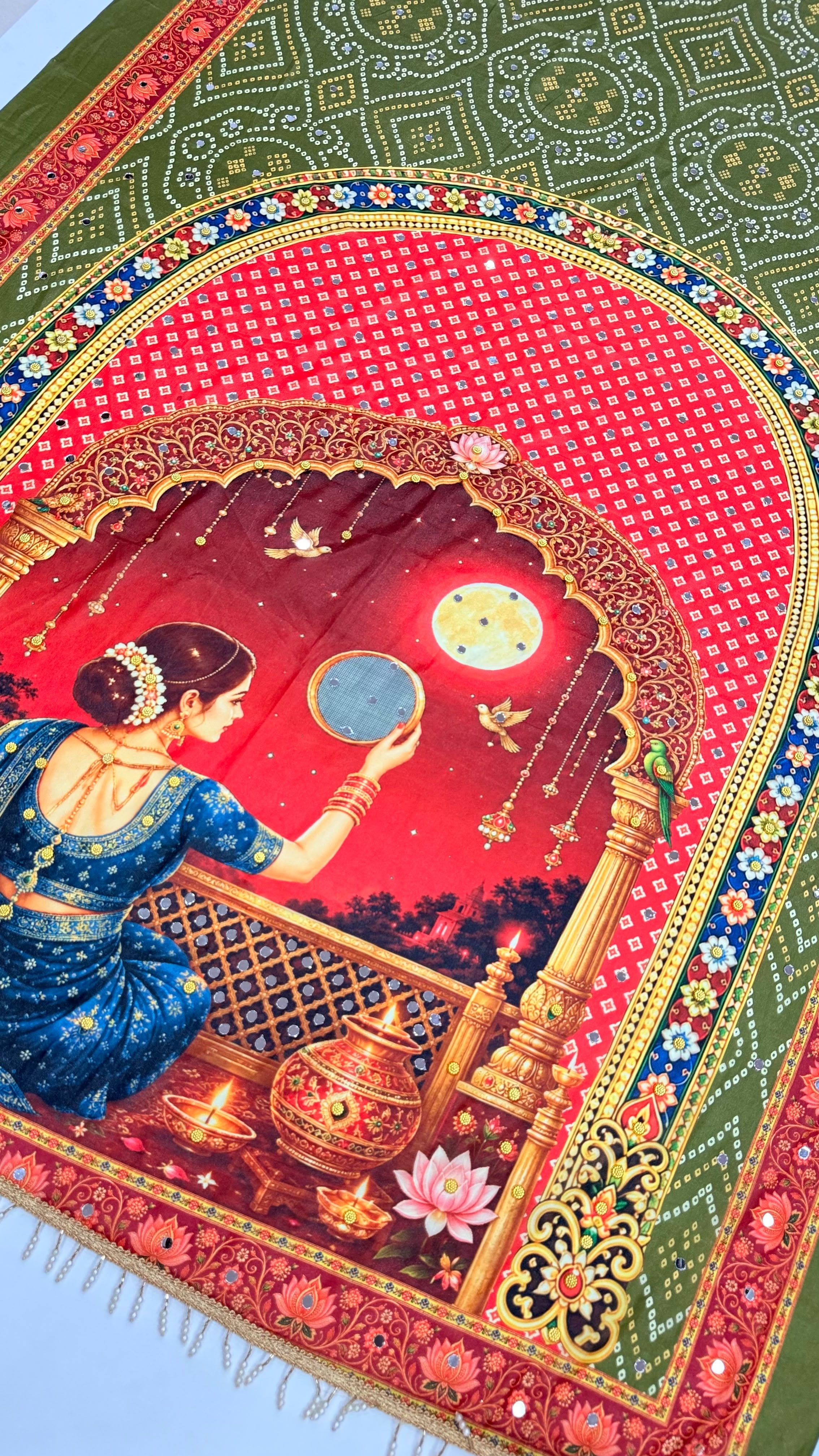 Karva Chauth Special Heavy Shimmer Silk Saree with 2,000 Mirror Work & Designer Pallu with Matching Blouse