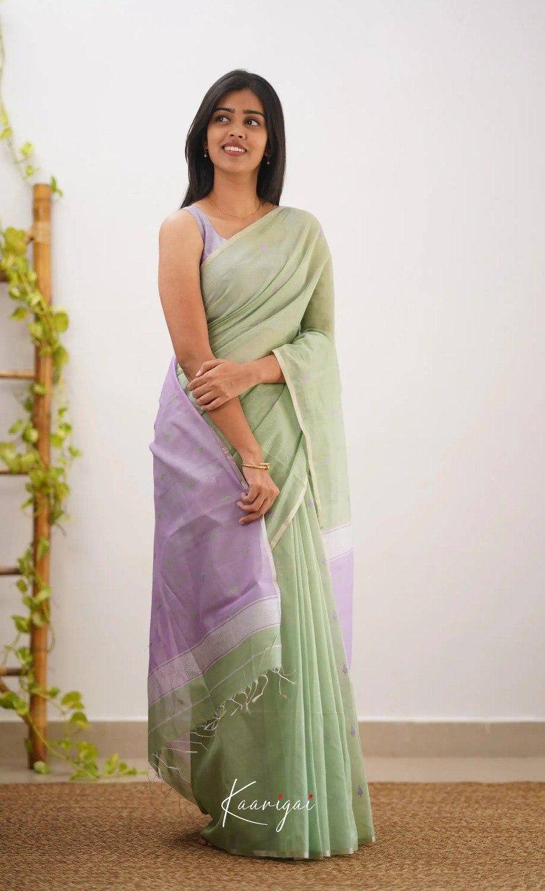 Pastel Green Linen Saree with Lavender Border