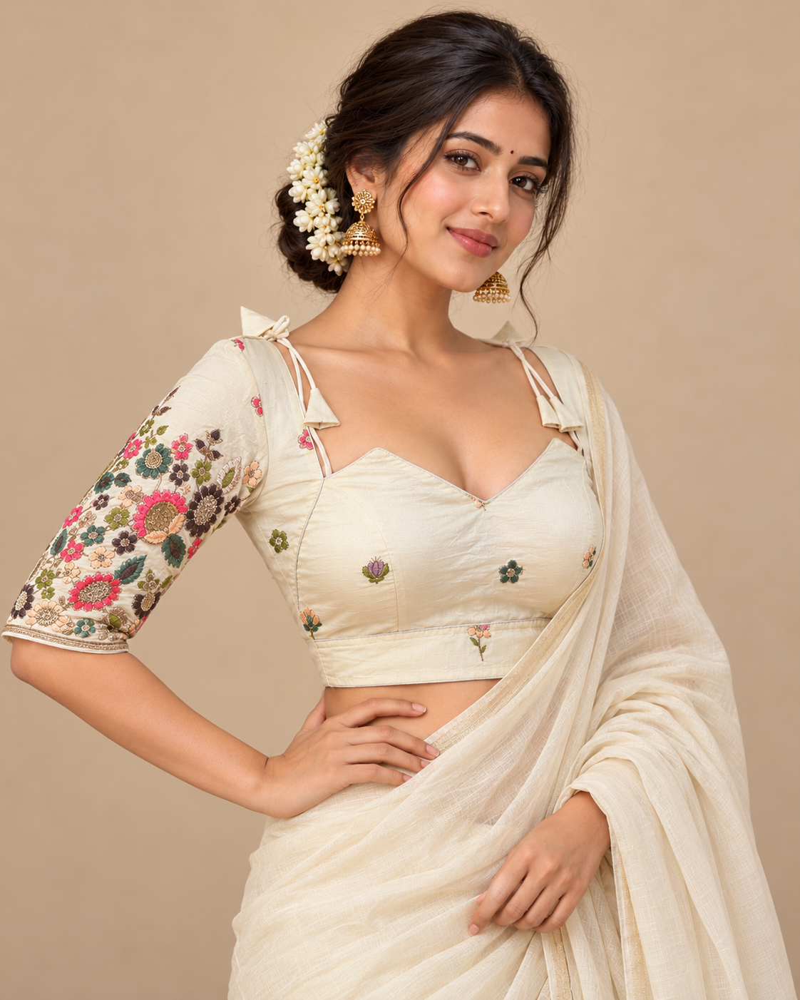 Pure Khadi Cotton Floral Embroidered Blouse – Heavy Padded | Front Open | 38–42