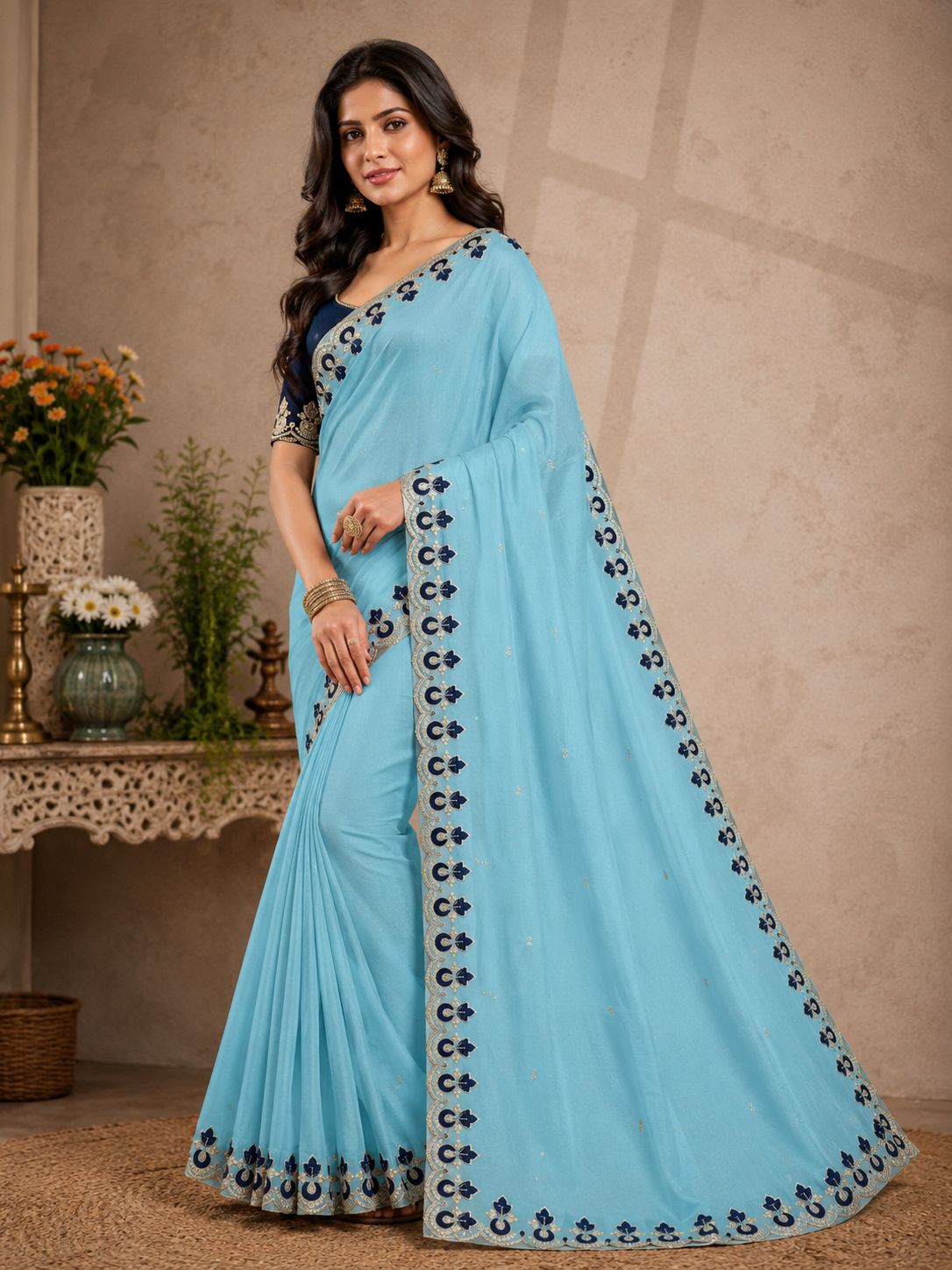 Kalash Premium Star Georgette Embroidered Saree with Designer Border & Running Blouse