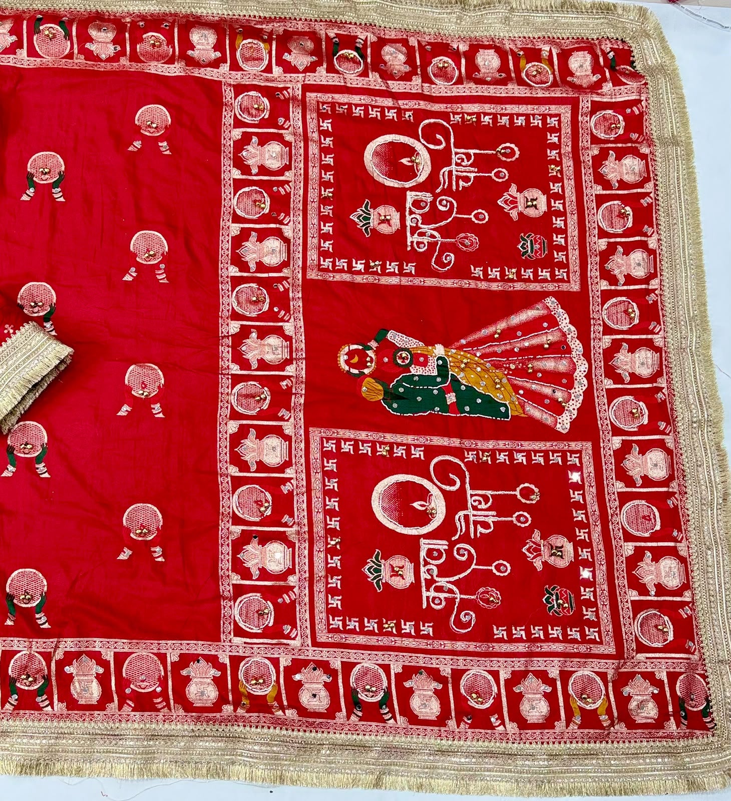 Karva Chauth Special Heavy Pure Silk Saree with Mirror, Ghungroo & Sequins Work with Stitched Blouse