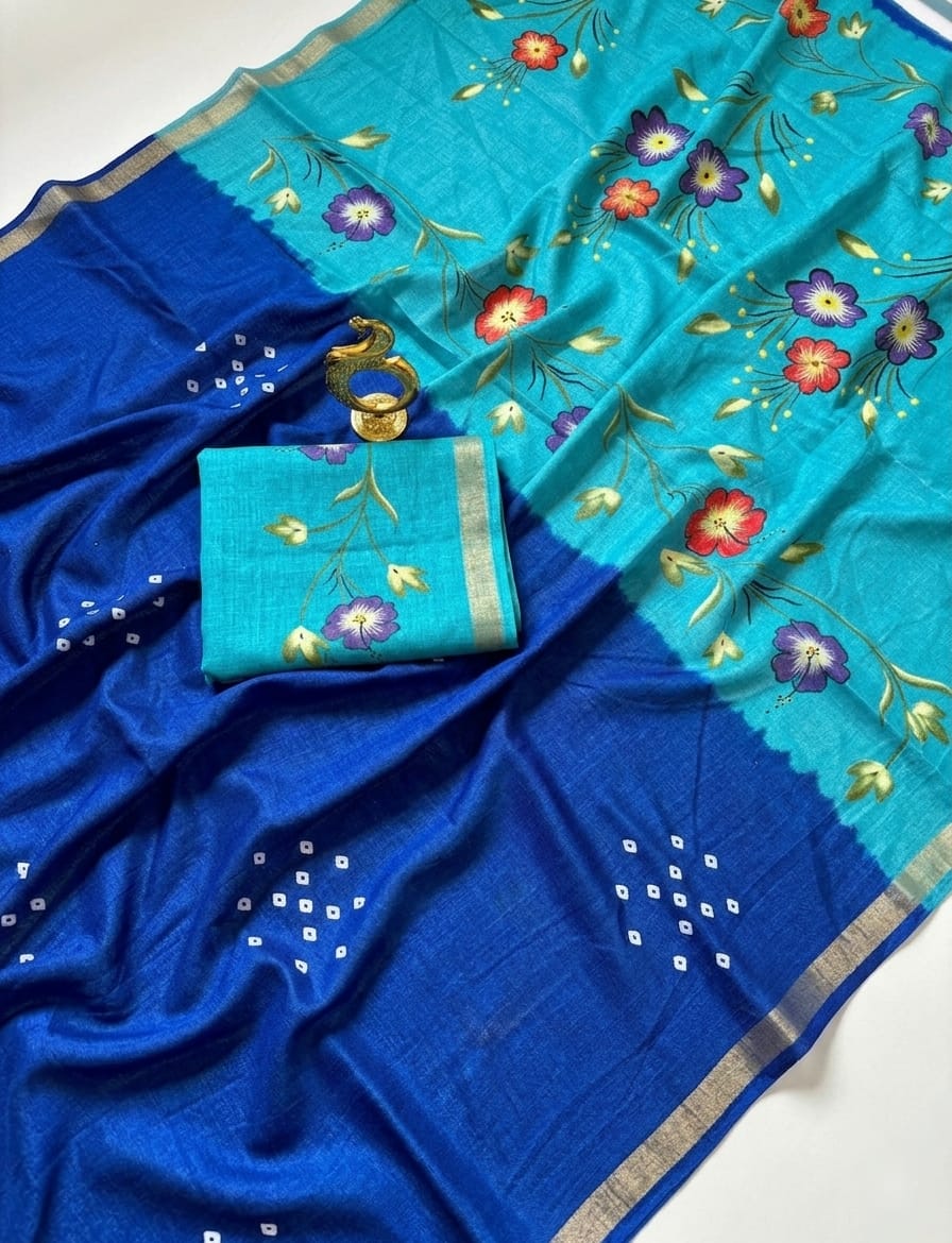 Women's Premium Mulmul Printed Saree with Floral Print Design & Running Blouse