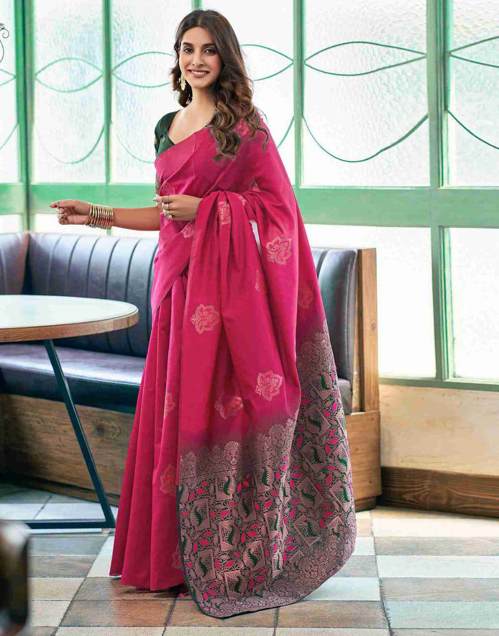 Pink Banarasi Silk Saree with Embroidered Border and Green Blouse