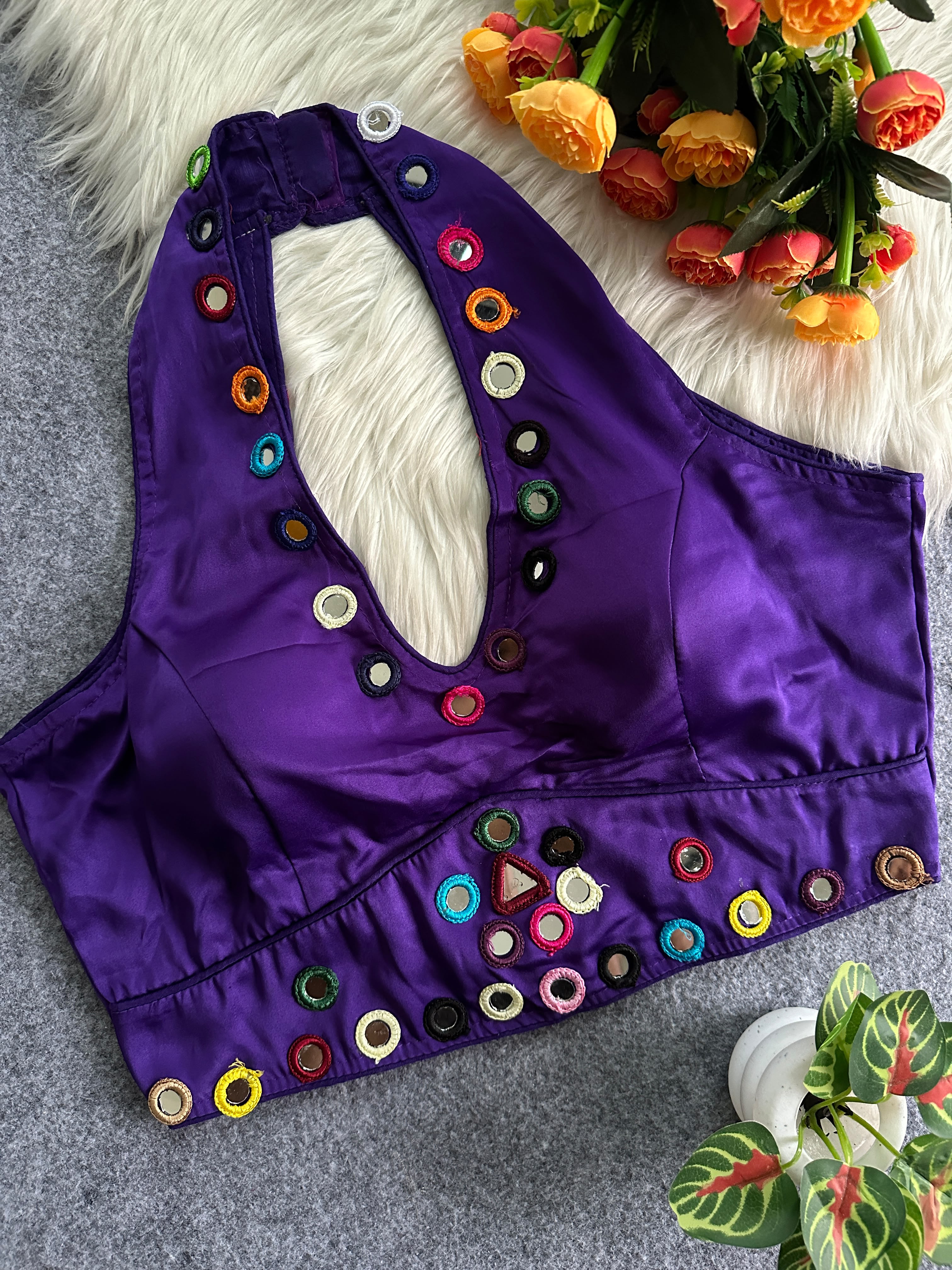Navratri Satin Silk Multicolour Mirror Work Designer Blouse – Free Size 38–42