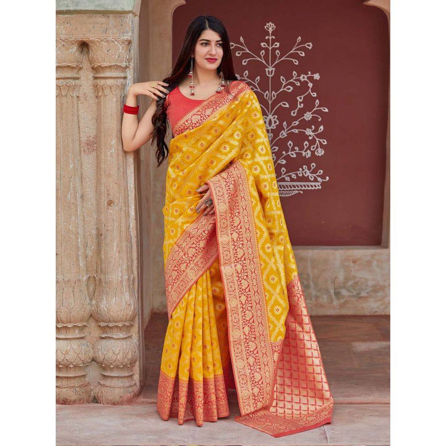 Yellow Banarasi Silk Saree with Red Border and Unstitched Blouse