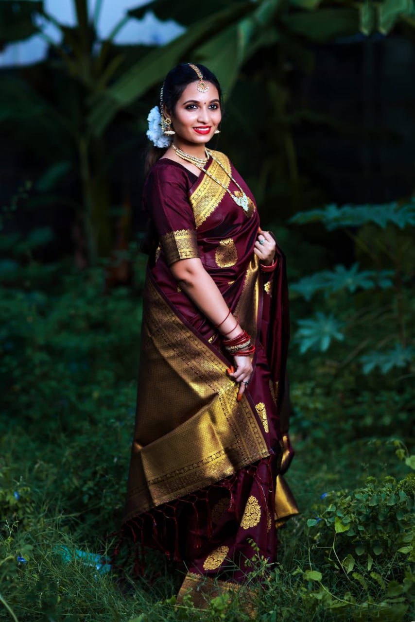 Traditional Maroon Silk Saree with Golden Zari Border and Motifs