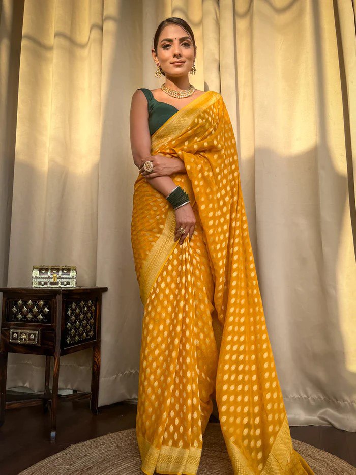 Yellow Banarasi Silk Saree with Green Blouse
