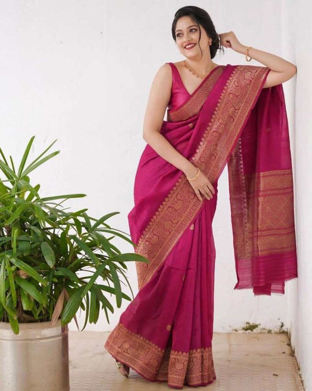 Elegant Magenta Silk Saree with Golden Zari Border