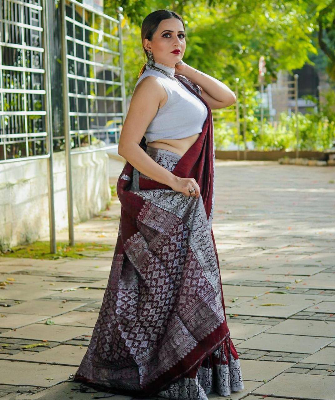 Maroon Banarasi Silk Saree with Silver Zari Border