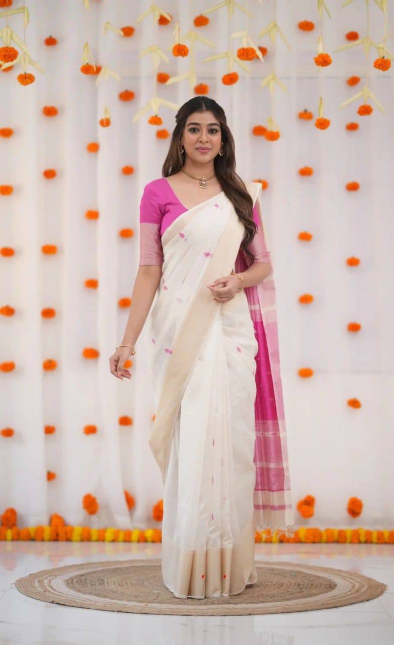Elegant Off White Saree with Pink Border and Blouse
