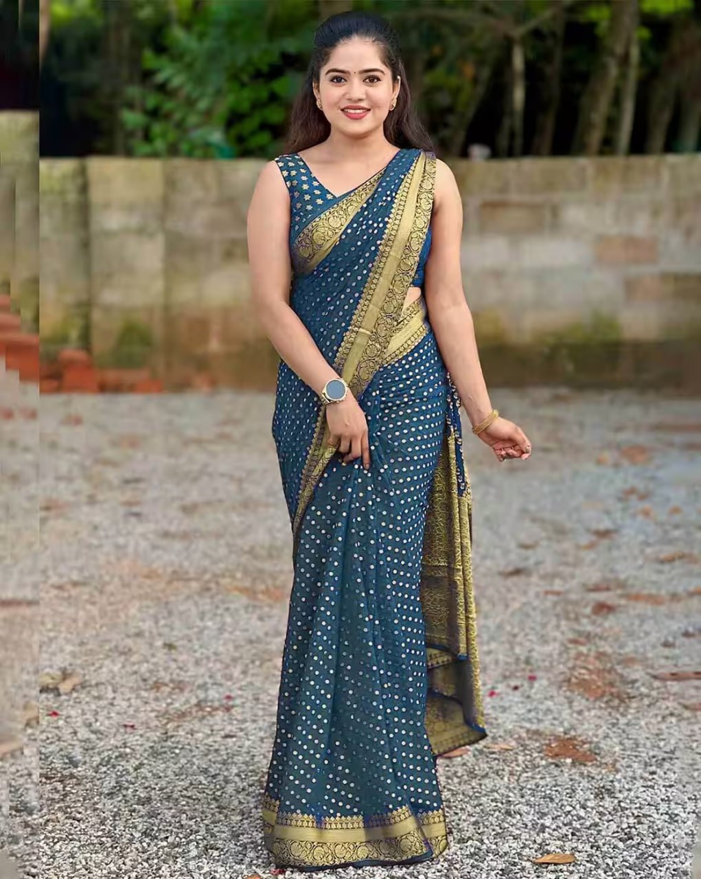 Elegant Teal Blue Polka Dot Silk Saree with Gold Border