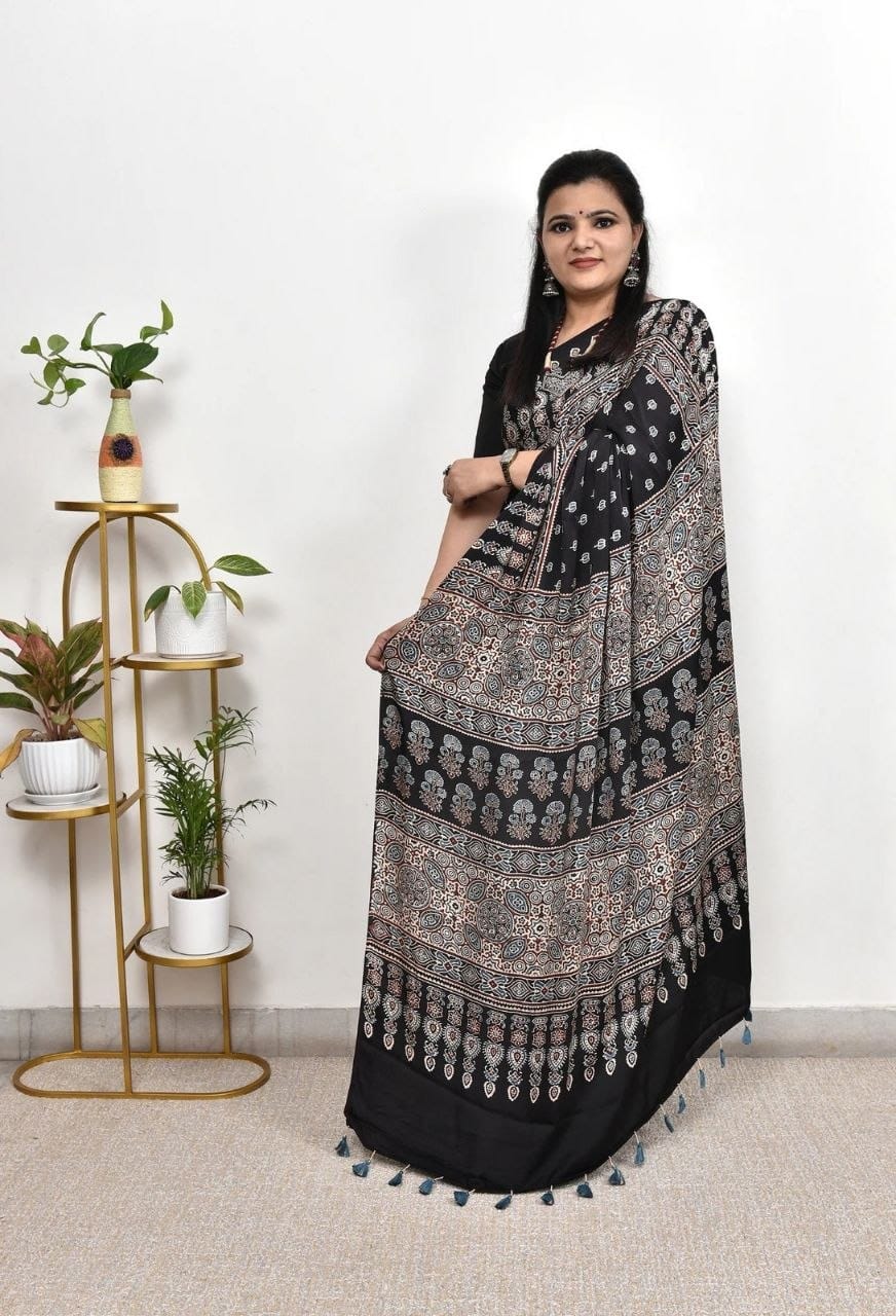 Premium Ajrakh Gajji Crepe Silk Saree with Traditional Ethnic Print & Blouse