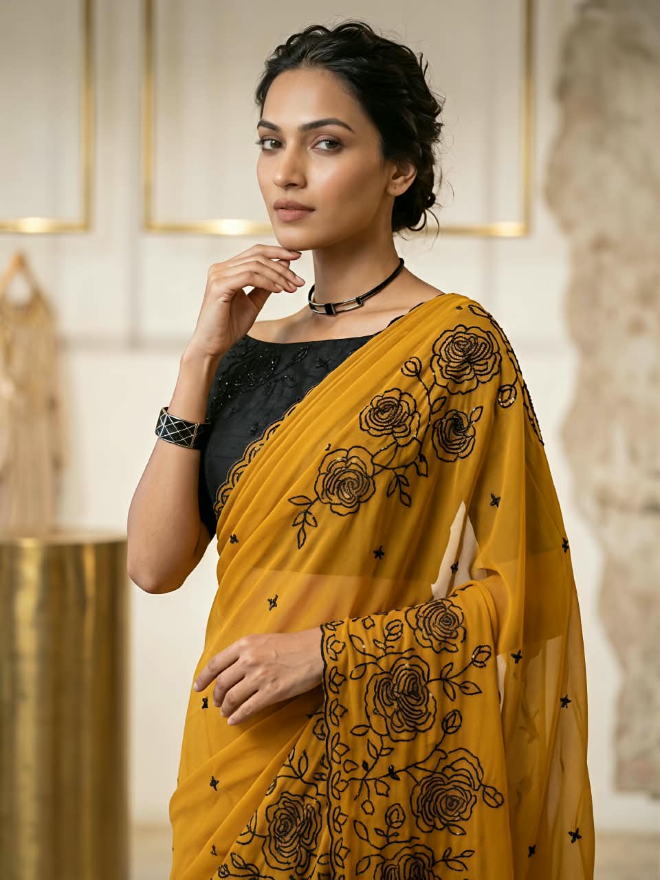 Premium Star Georgette Saree with Black Sequin & Thread Embroidery and Matching Blouse