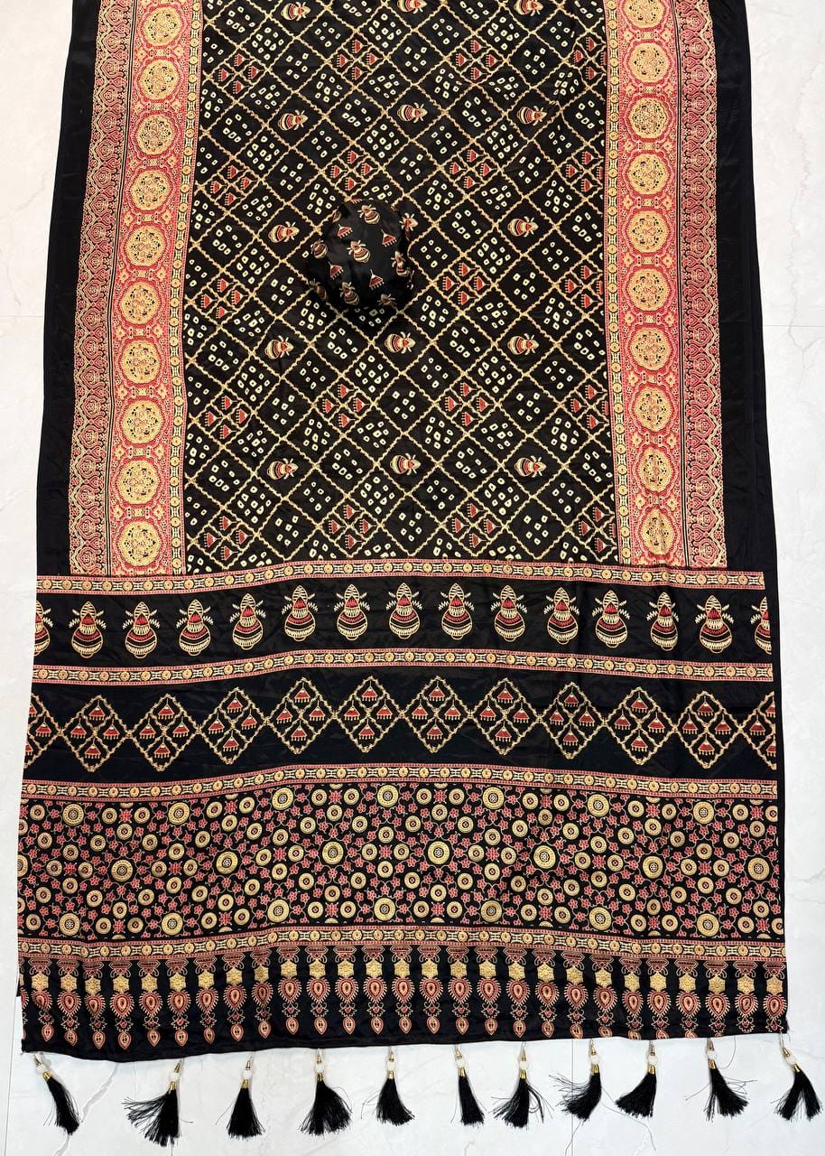Premium Ajrakh Designer Crepe Silk Saree with Multi-Pattern Border & Tassel Work