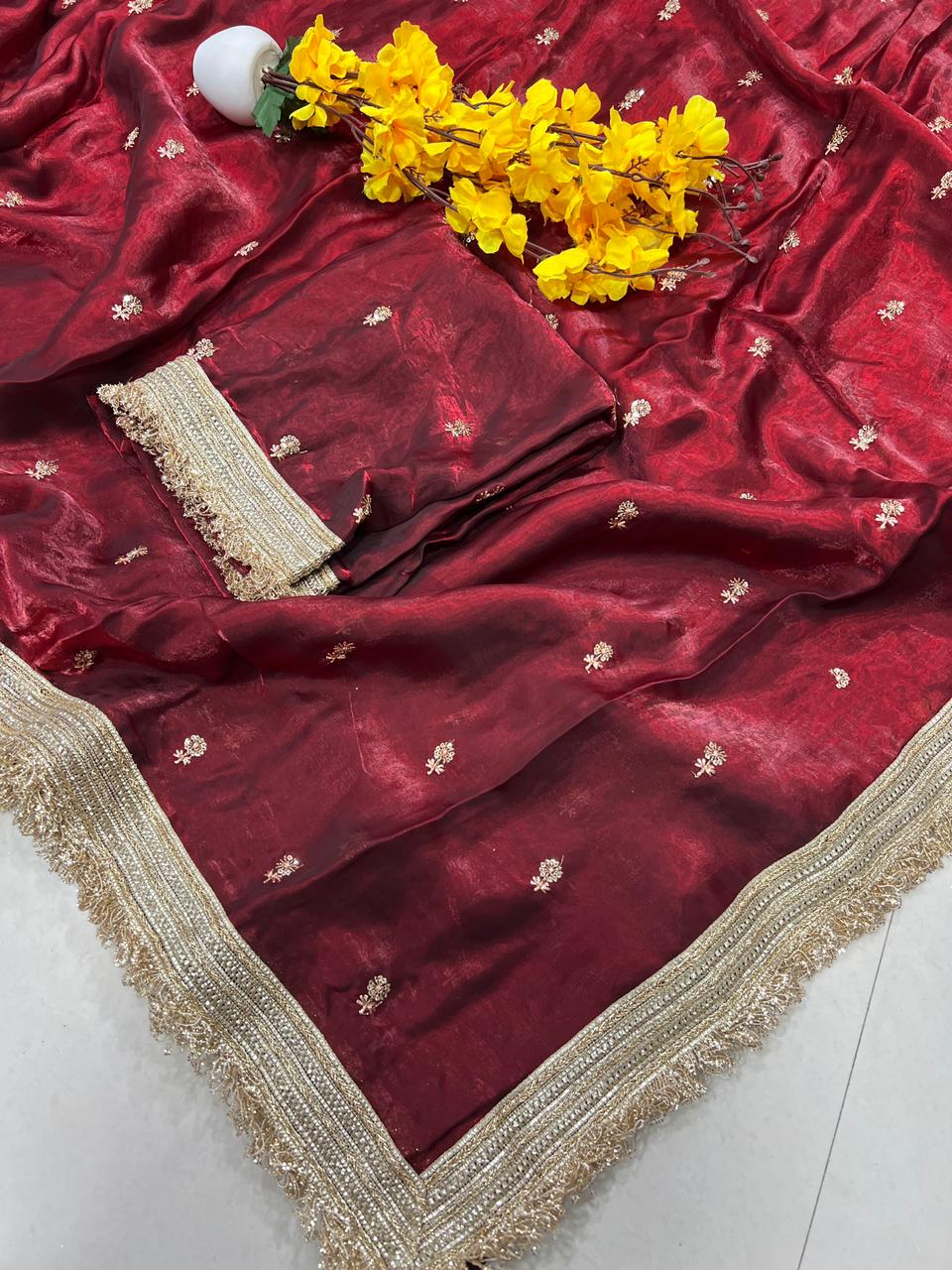 Premium Fendi Fabric Embroidered Party Wear Saree with Heavy Border