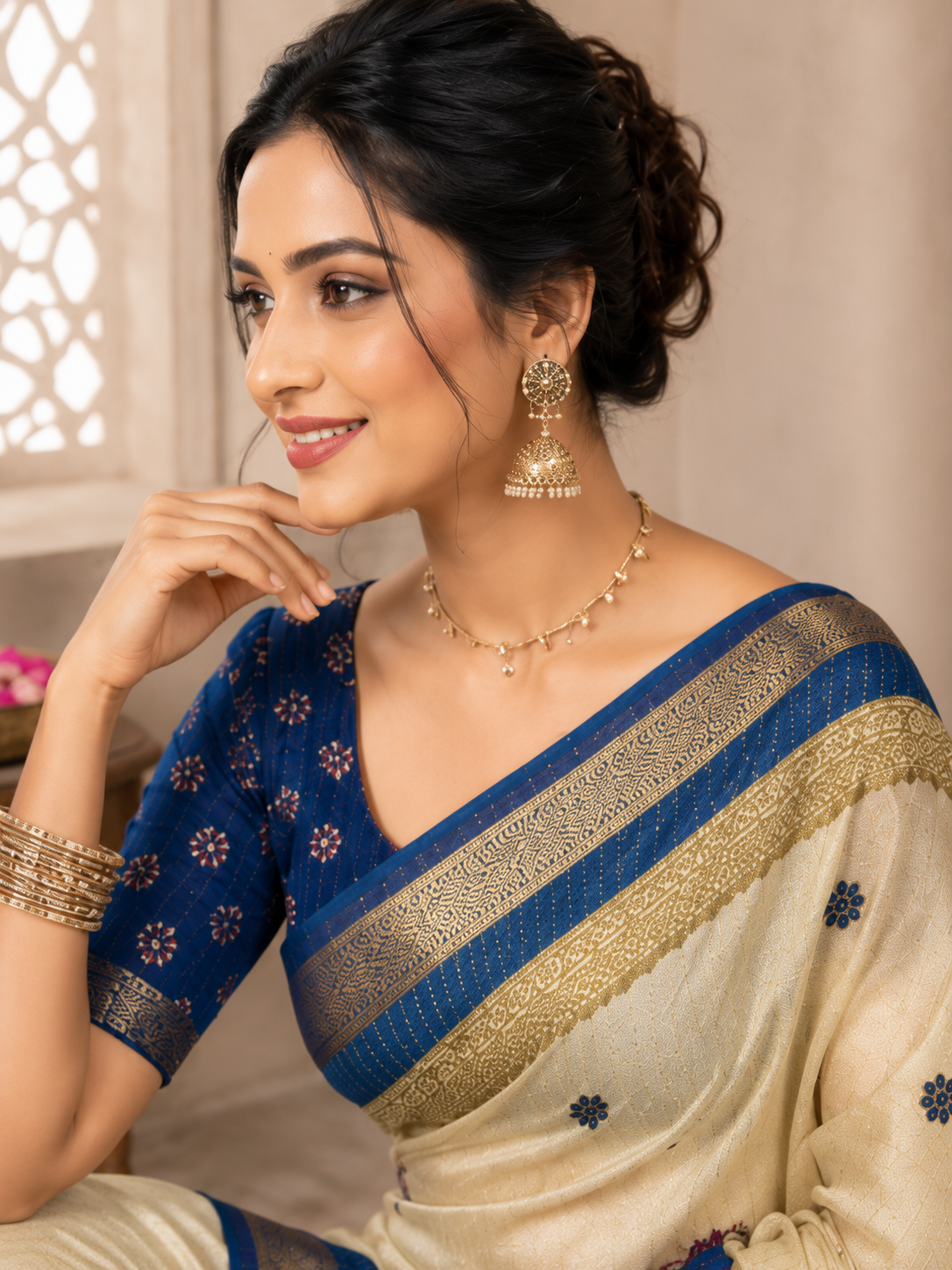 Women's Blue Dola Zari Saree with Elephant Motif, Traditional Woven Pallu & Unstitched Blouse