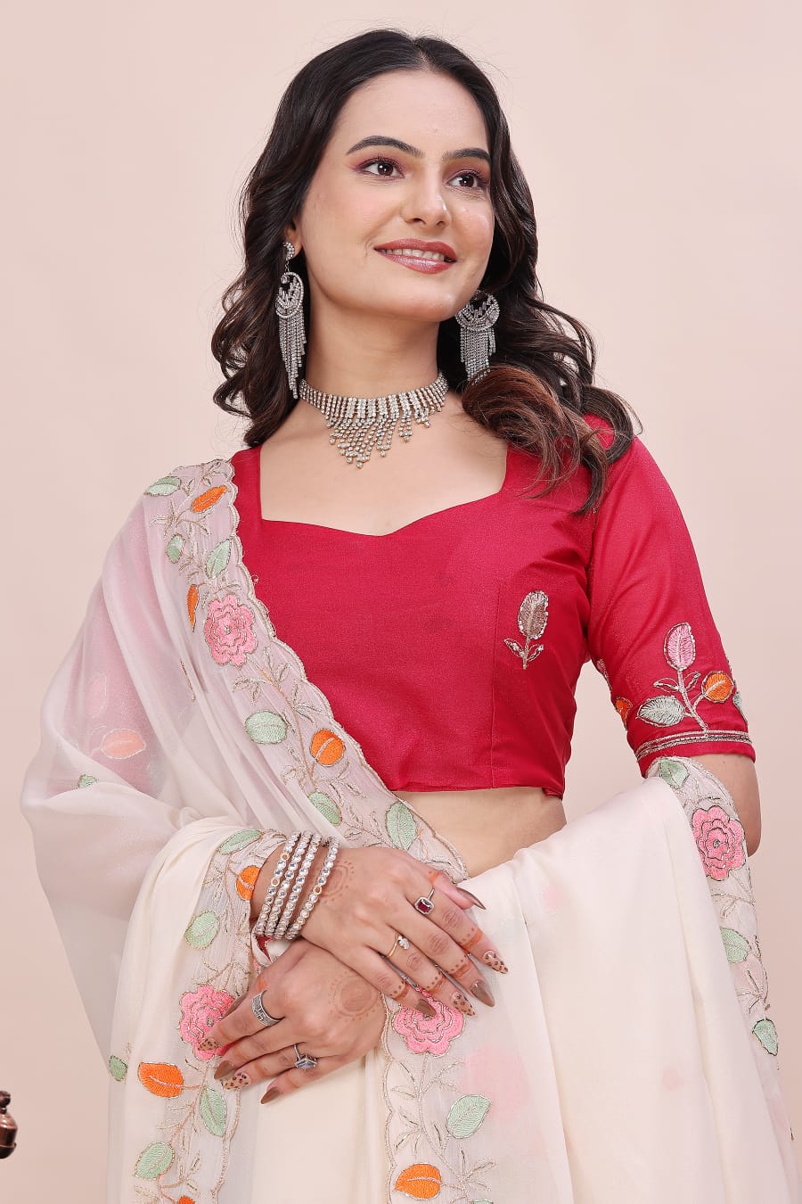 Rose Petal Embroidered Star Georgette Saree with Beads Work Border