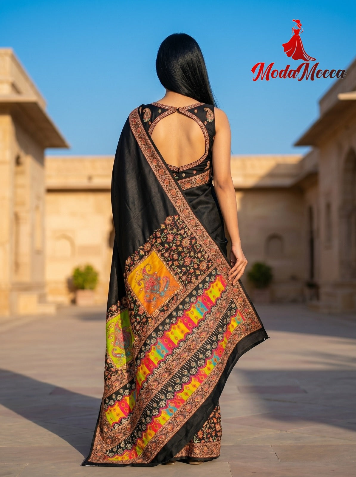 Women's Premium Black Designer Saree with Paisley Digital Print & Floral Border | Festive Party Wear Saree