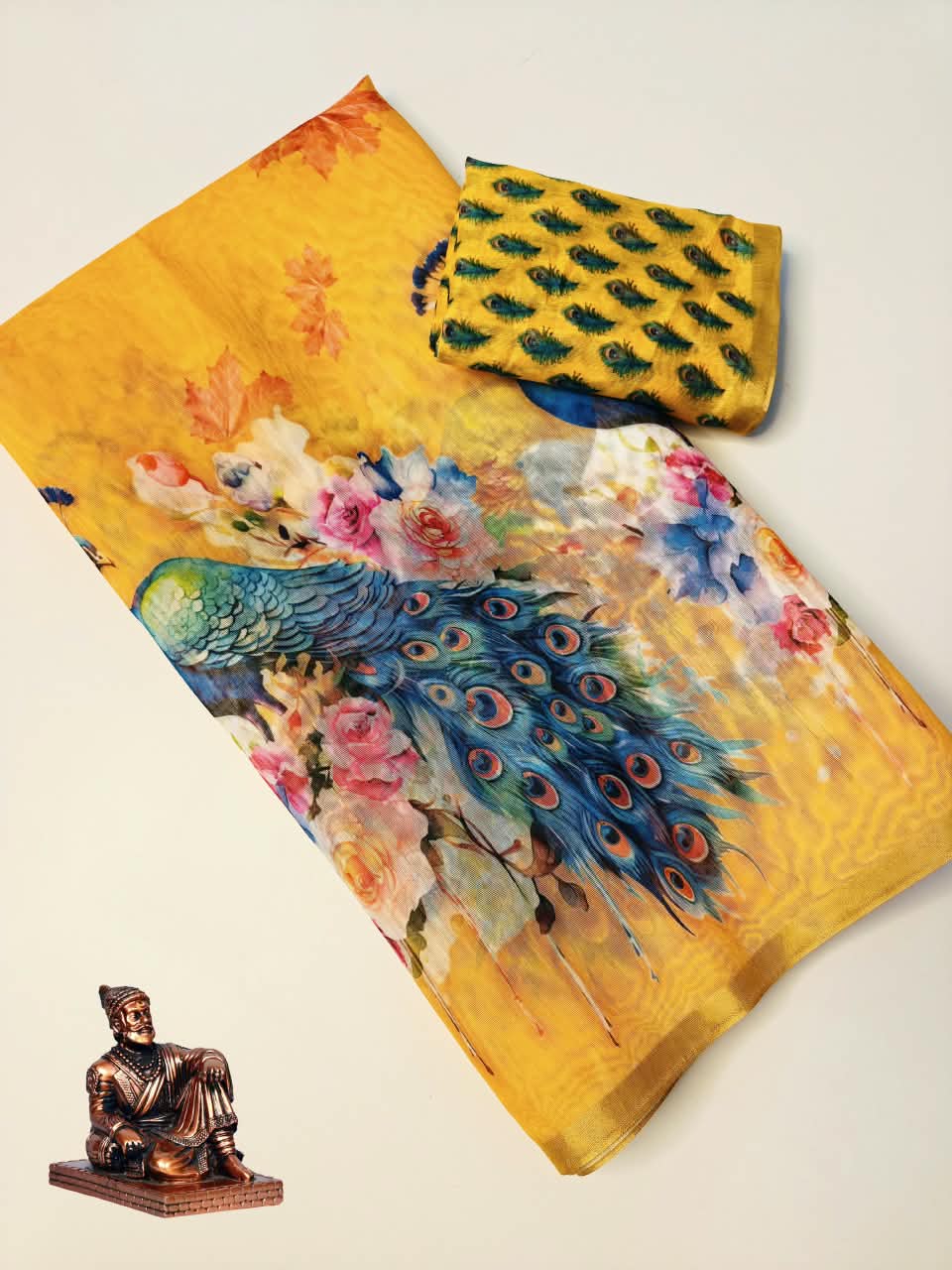 Premium Slub Cotton Saree with Peacock Digital Print, Golden Zari Border & Matching Blouse Piece