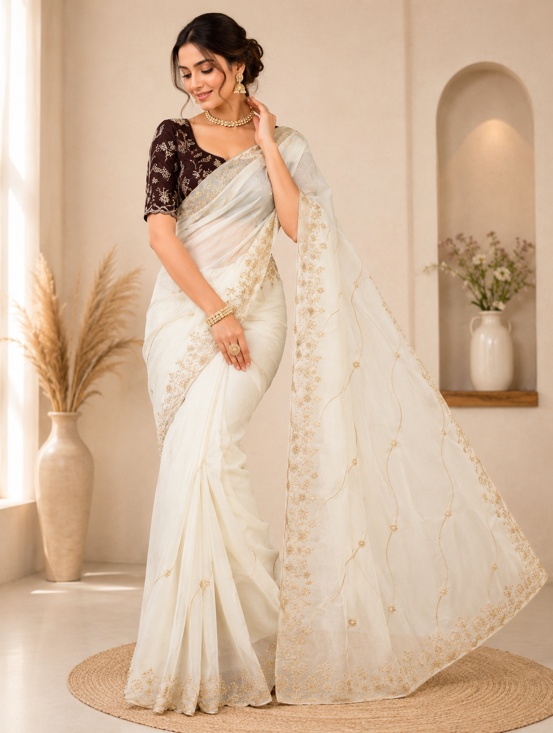 Aafreen Ivory Bloom Embroidered Star Georgette Saree With Designer Blouse