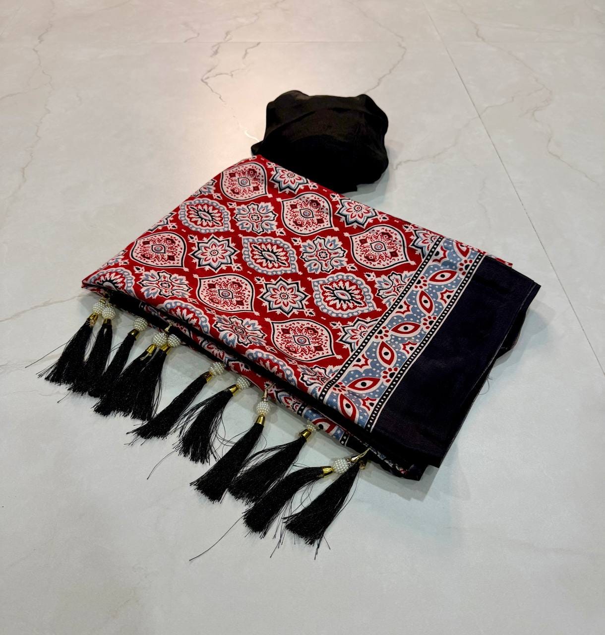 Premium Ajrakh Designer Crepe Silk Saree with Floral Print & Tassel Border