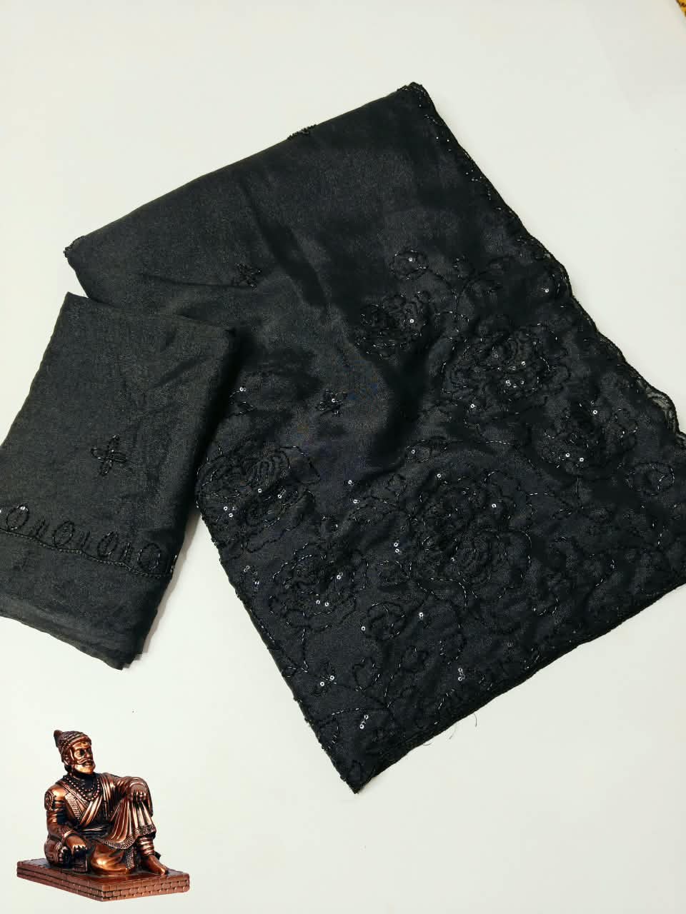 Premium Star Georgette Saree with Black Sequin & Thread Embroidery and Matching Blouse
