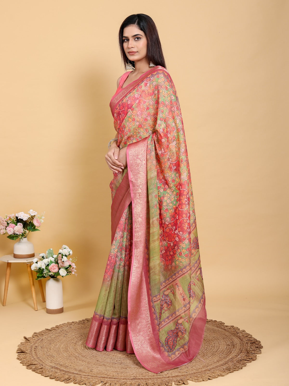 Pink Heritage Heavy Linen Saree with Artistic Floral & Peacock Print