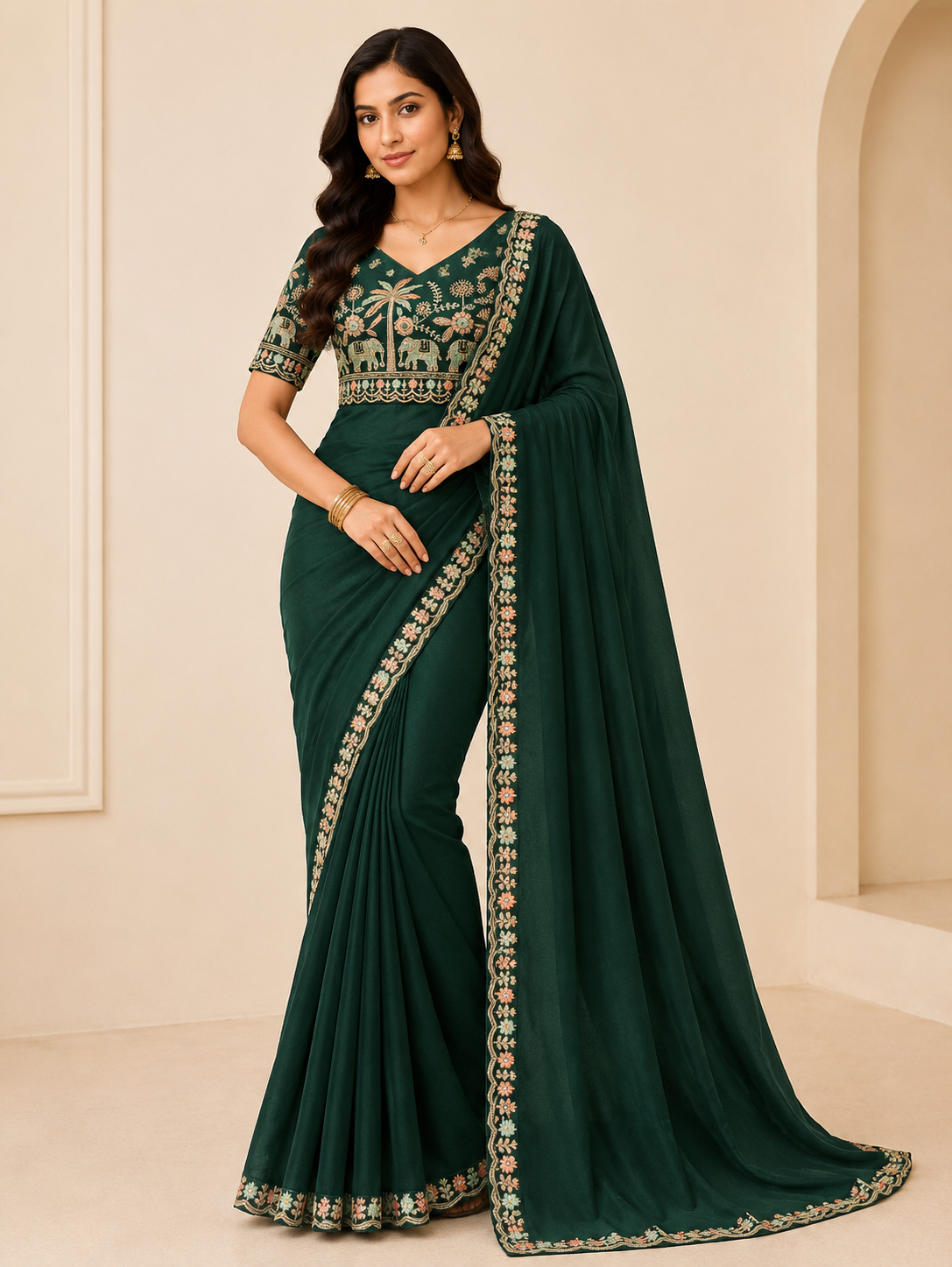 Royal Elephant Art Embroidered Saree with Designer Blouse