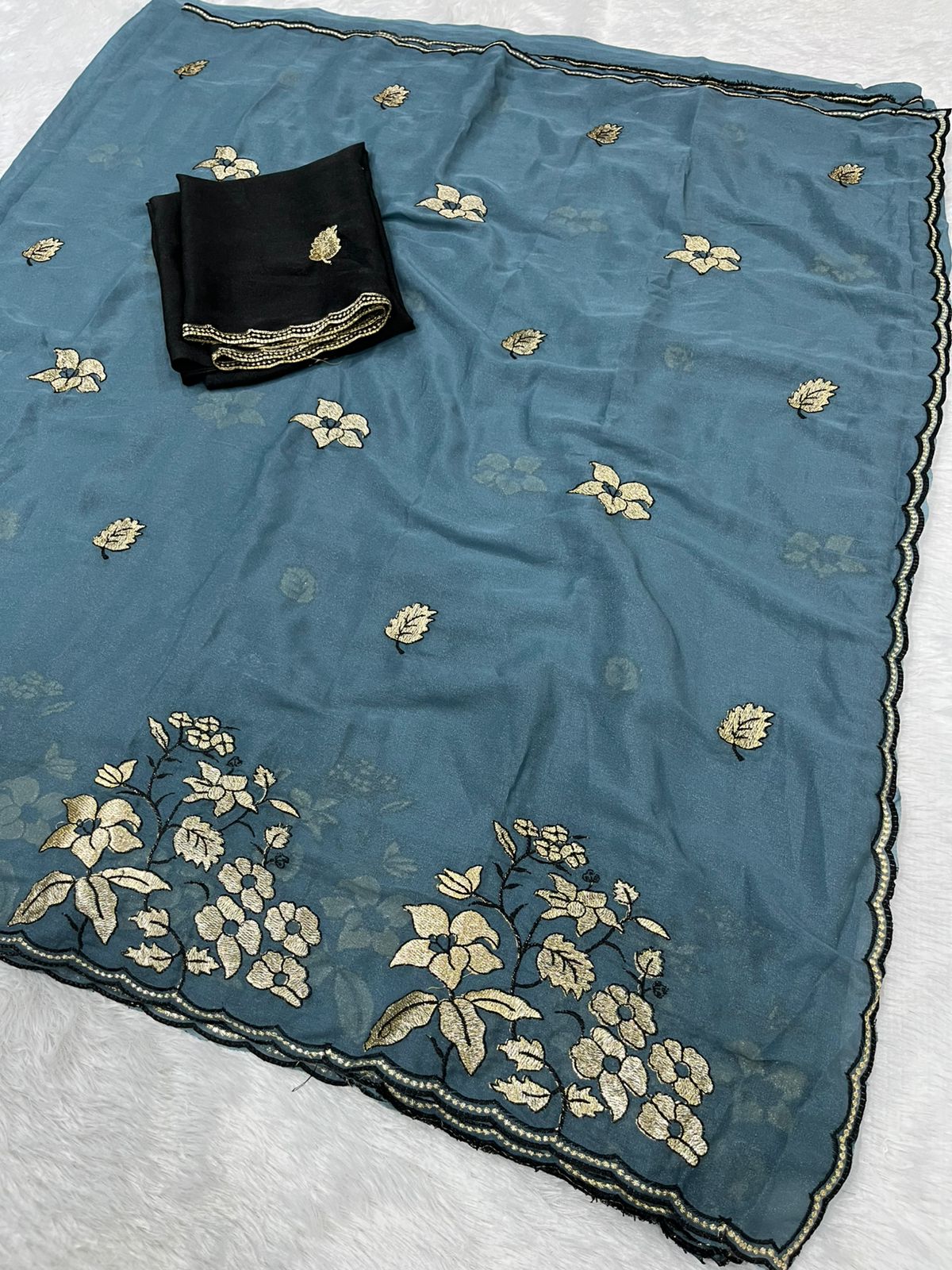 Women's Premium Star Galaxy Embroidered Saree with Designer Black Blouse
