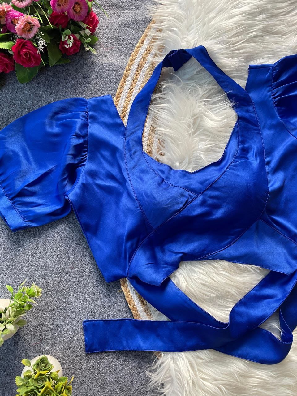 Pure Malai Satin Balloon Sleeve Designer Blouse – Padded with Tie-Up Back | Free Size 38–42