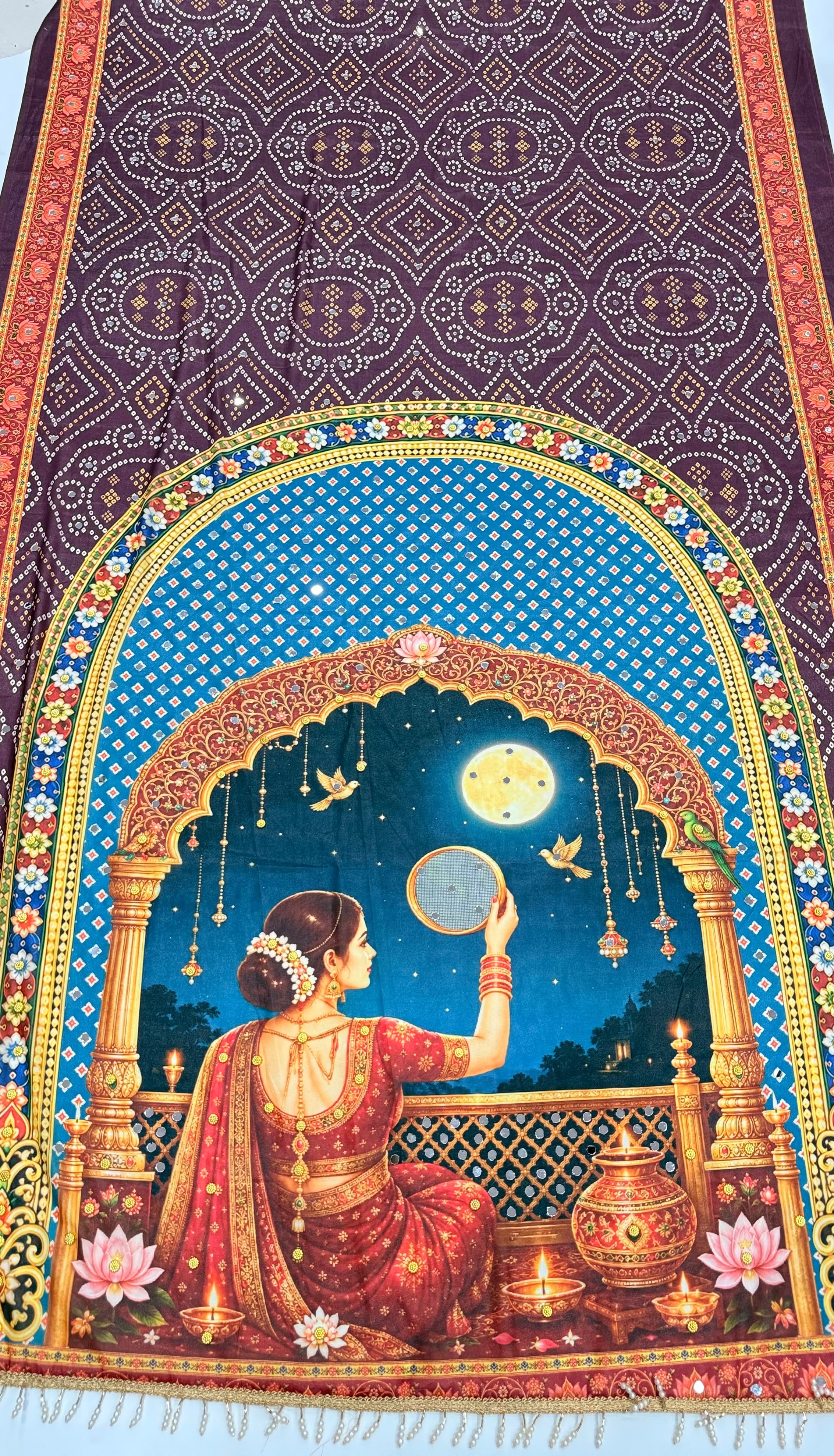 Karva Chauth Special Heavy Shimmer Silk Saree with 2,000 Mirror Work & Designer Pallu with Matching Blouse