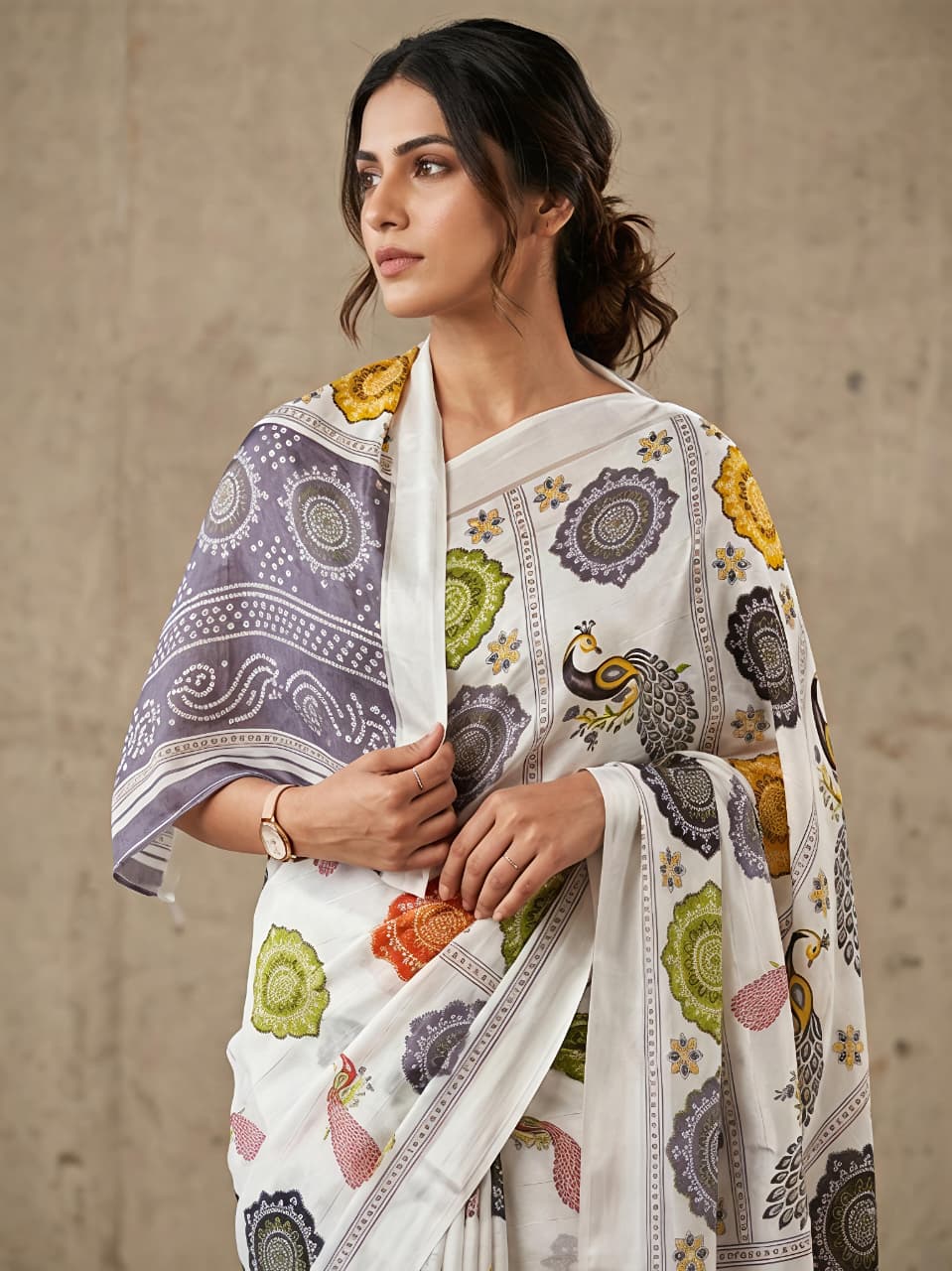 Rajwadi Mor Masakali Blooming Georgette Saree with Bandhej Print & Zari Weave