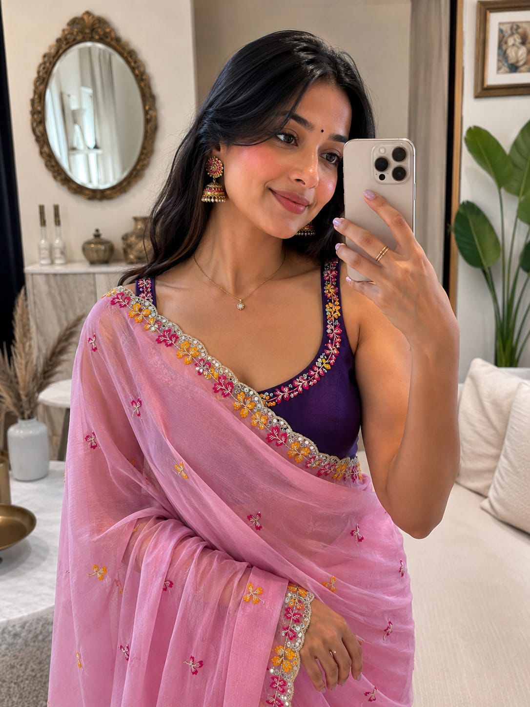 Premium Crunchy Chiffon Embroidered Mirror Work Party Wear Saree
