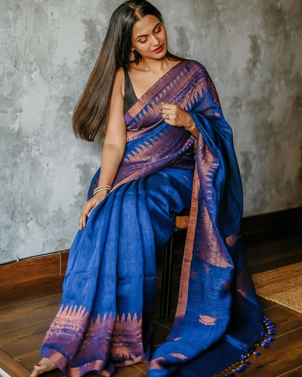 Royal Blue Silk Saree with Pink Zari Buti Work and Contrast Border